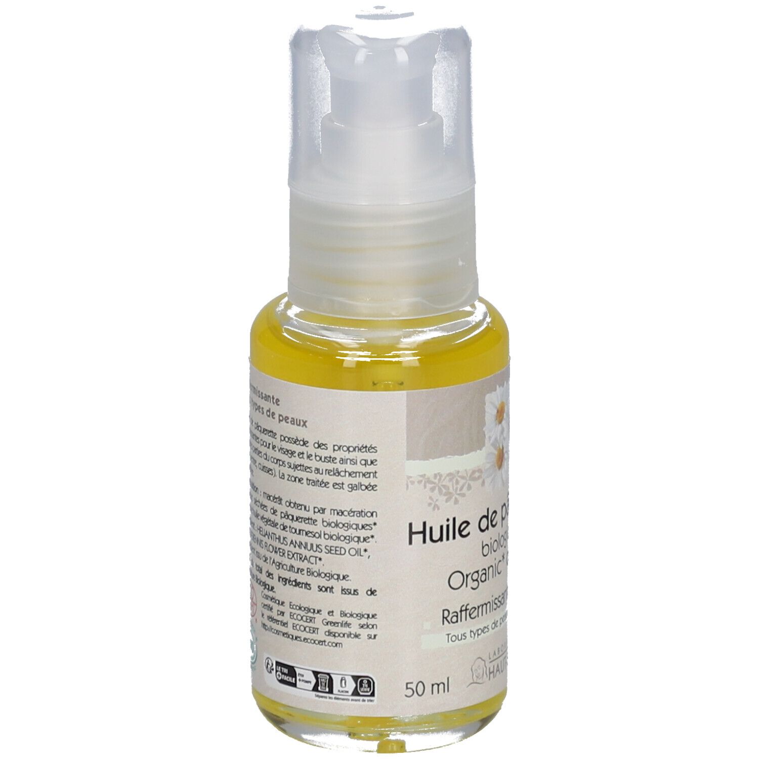 Flasche mit Produkt. Aufschrift: Huile de pâquerette biologique. Für alle Hauttypen. 50 ml.