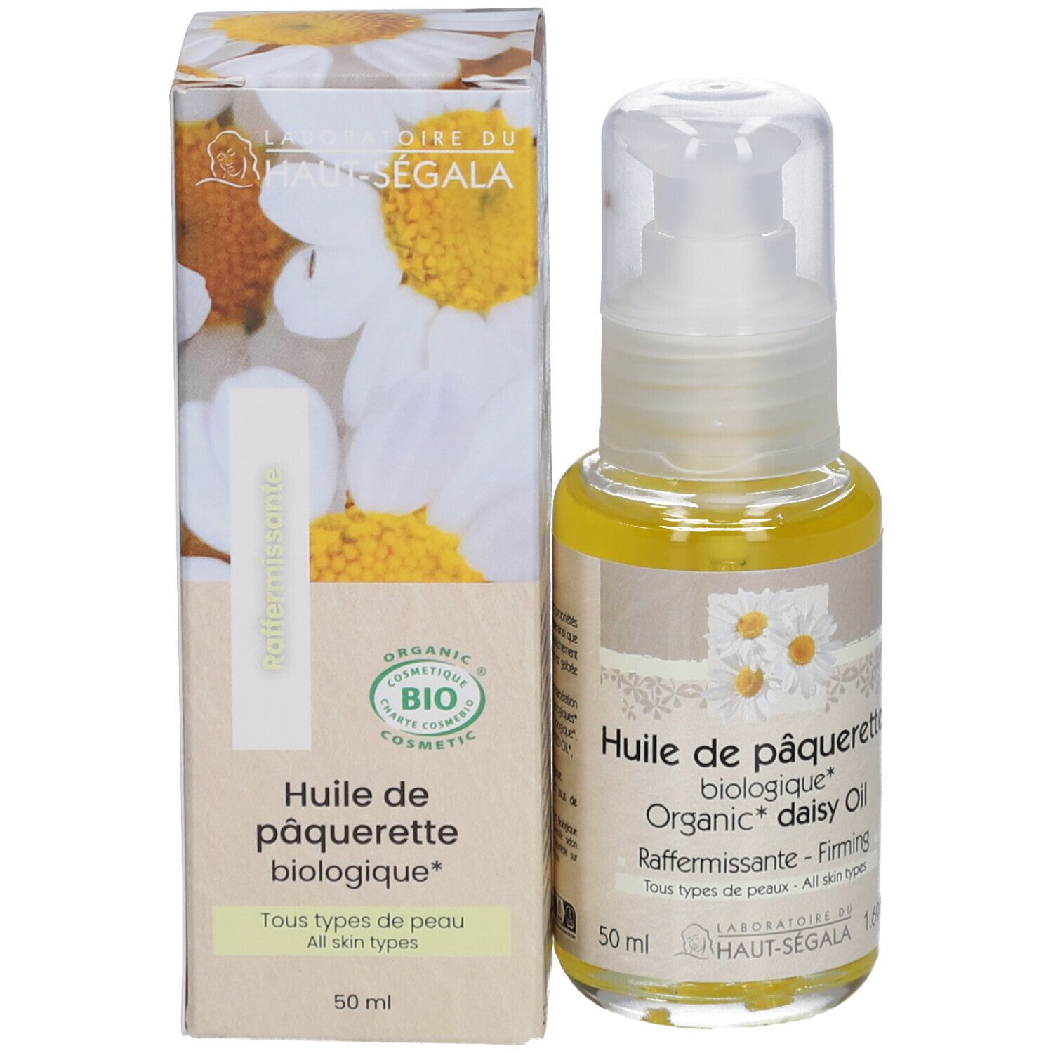 Flasche und Verpackung mit Produkt. Aufschrift: Huile de pâquerette biologique. Für alle Hauttypen.