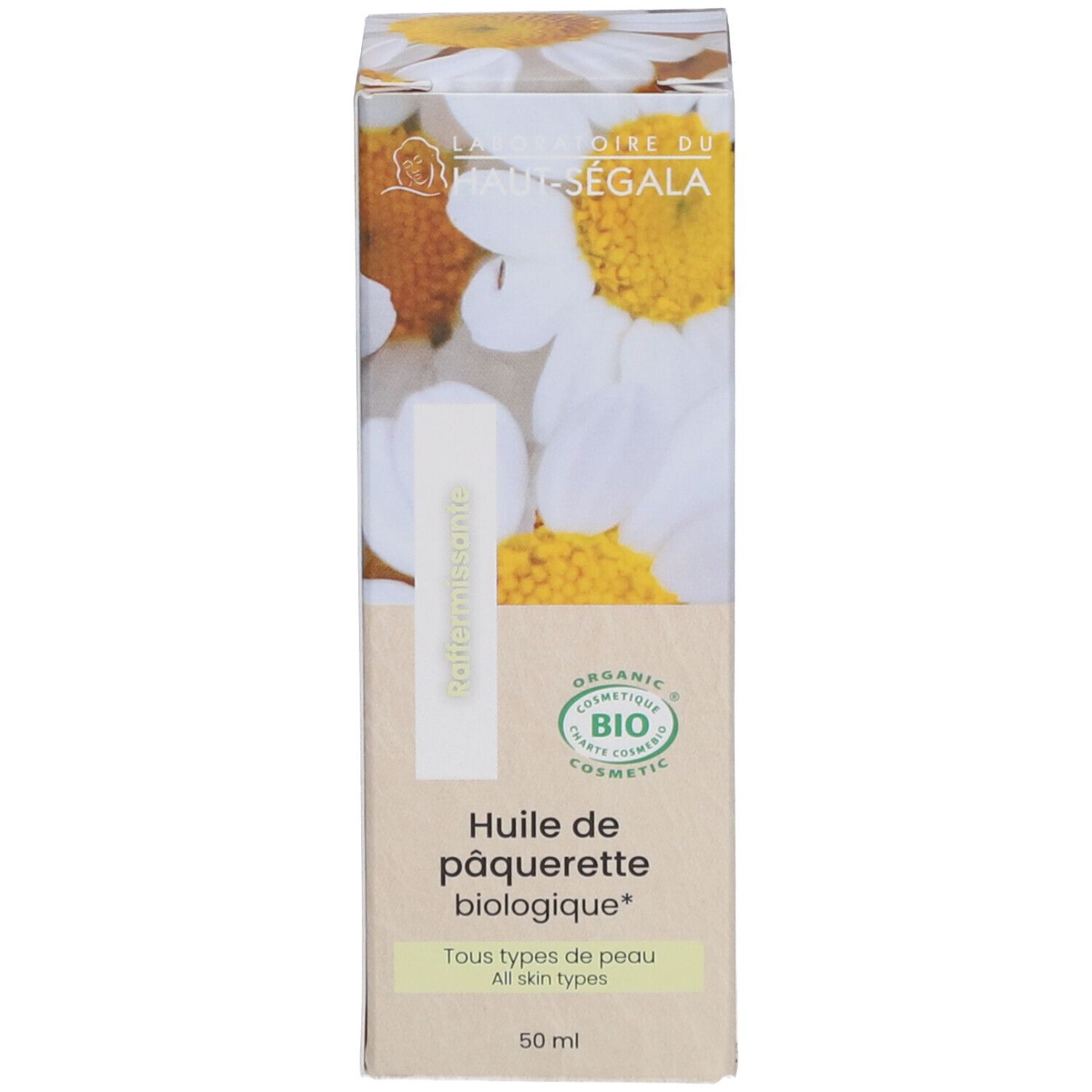 Verpackung mit Produkt. Aufschrift: Huile de pâquerette biologique. Für alle Hauttypen. 50 ml.