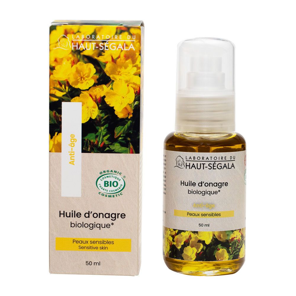 Laboratoire du Haut-Ségala Bio-Nachtkerzenöl. Flasche und Schachtel. Gelbes Öl, weißer Spender. Aufschrift: Anti-âge, Peaux sensibles.