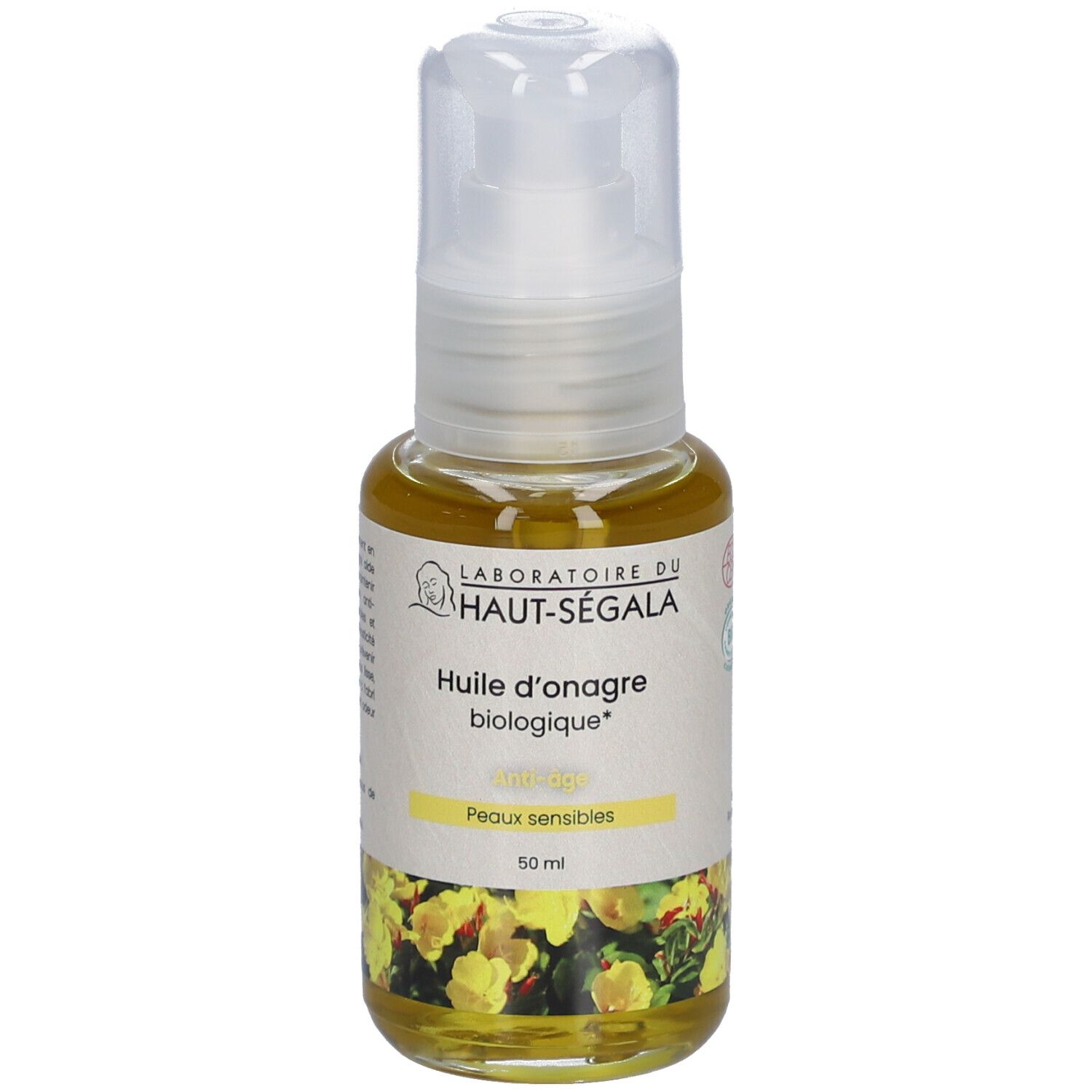 Laboratoire du Haut-Ségala Bio-Nachtkerzenöl. Flasche mit weißem Spender. Gelbes Öl. Aufschrift: Peaux sensibles. 50 ml.