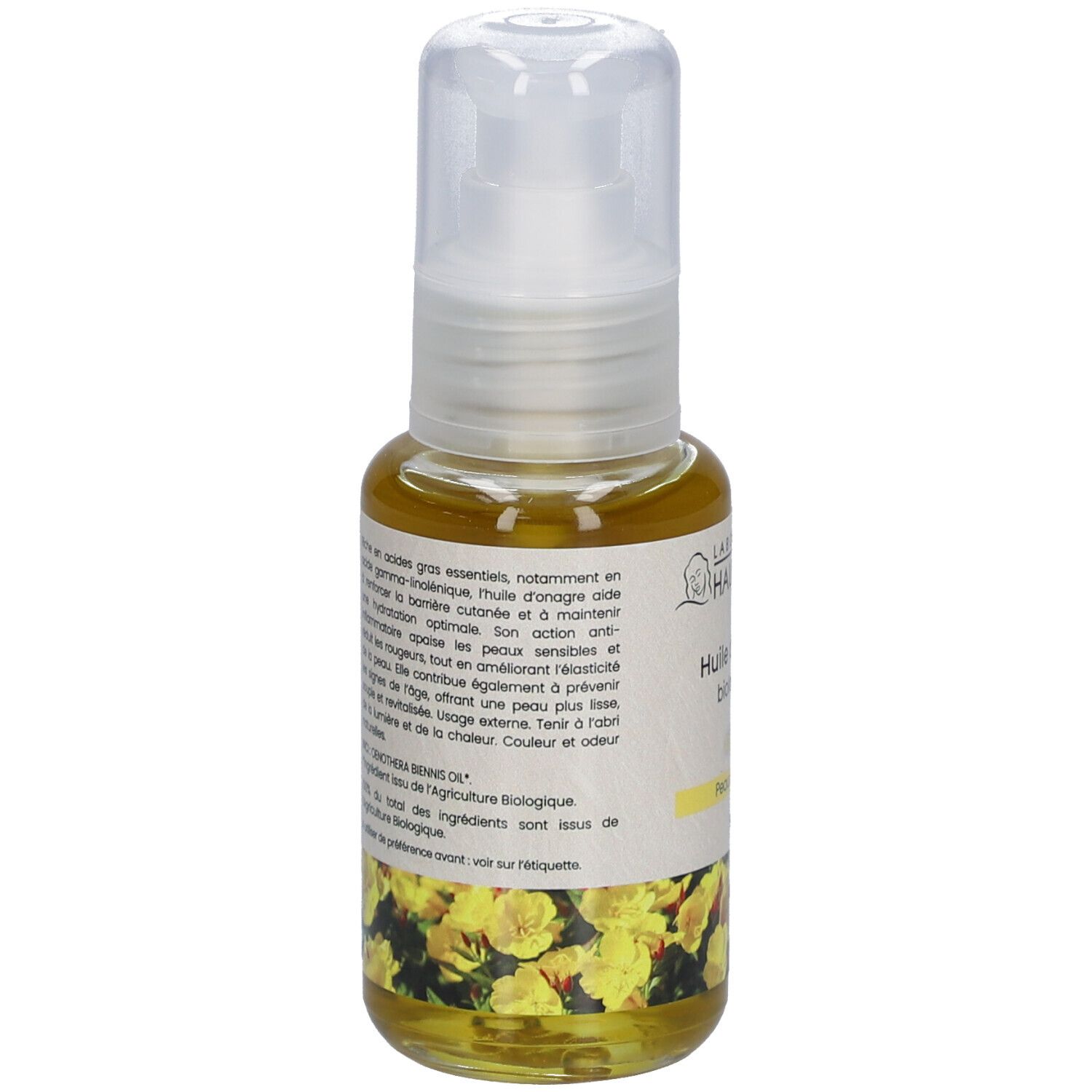 Laboratoire du Haut-Ségala Bio-Nachtkerzenöl. Flasche mit weißem Spender. Gelbes Öl. Aufschrift: Peaux sensibles. 50 ml.