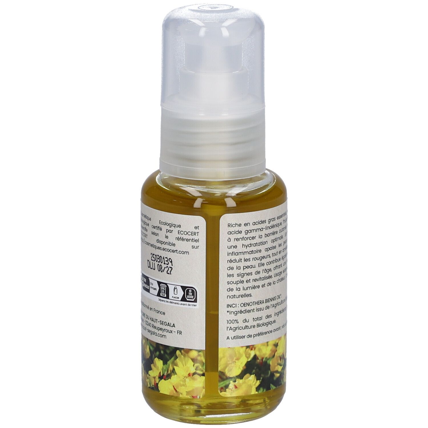Laboratoire du Haut-Ségala Bio-Nachtkerzenöl. Flasche mit weißem Spender. Gelbes Öl. Rückseite mit Text und Zertifizierungen.