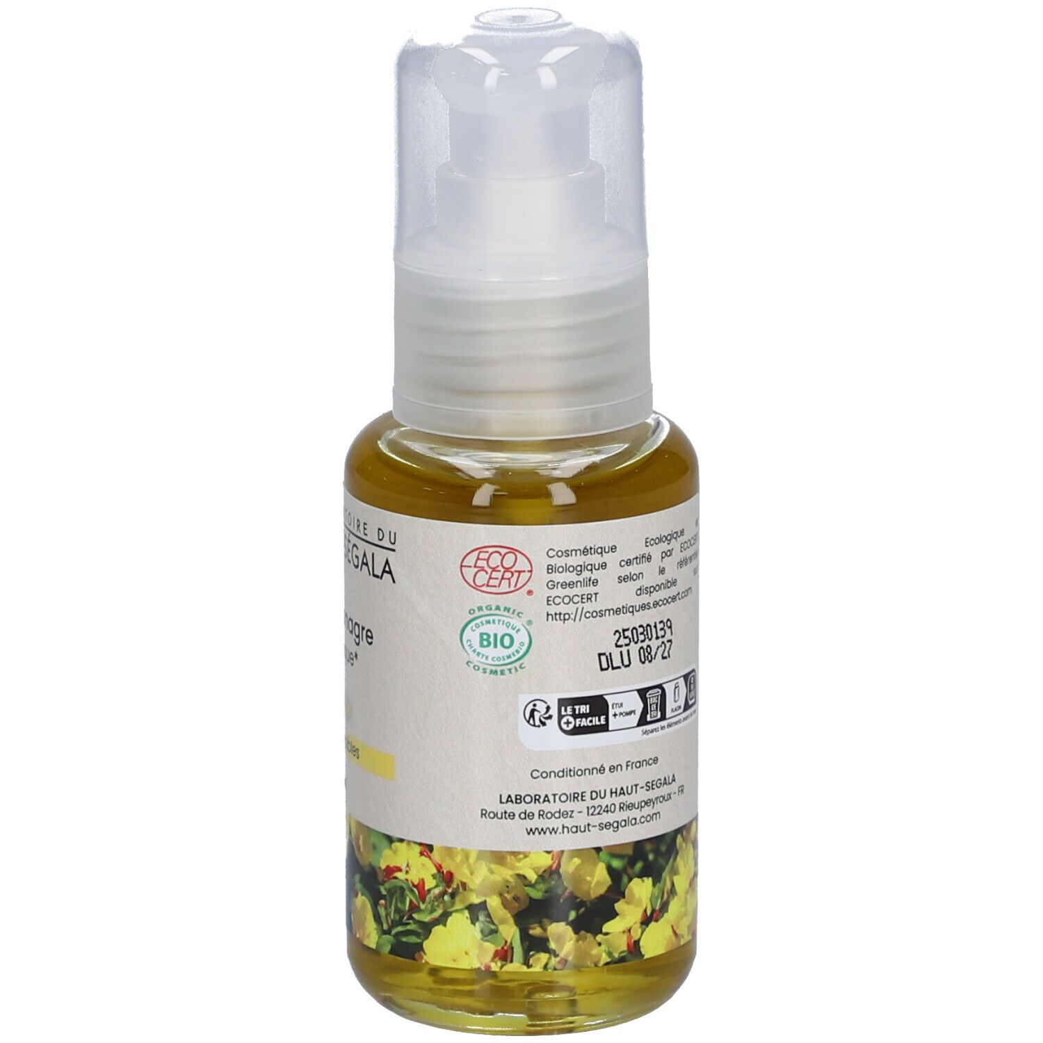 Laboratoire du Haut-Ségala Bio-Nachtkerzenöl. Flasche mit weißem Spender. Gelbes Öl. Rückseite mit Text und Zertifizierungen.