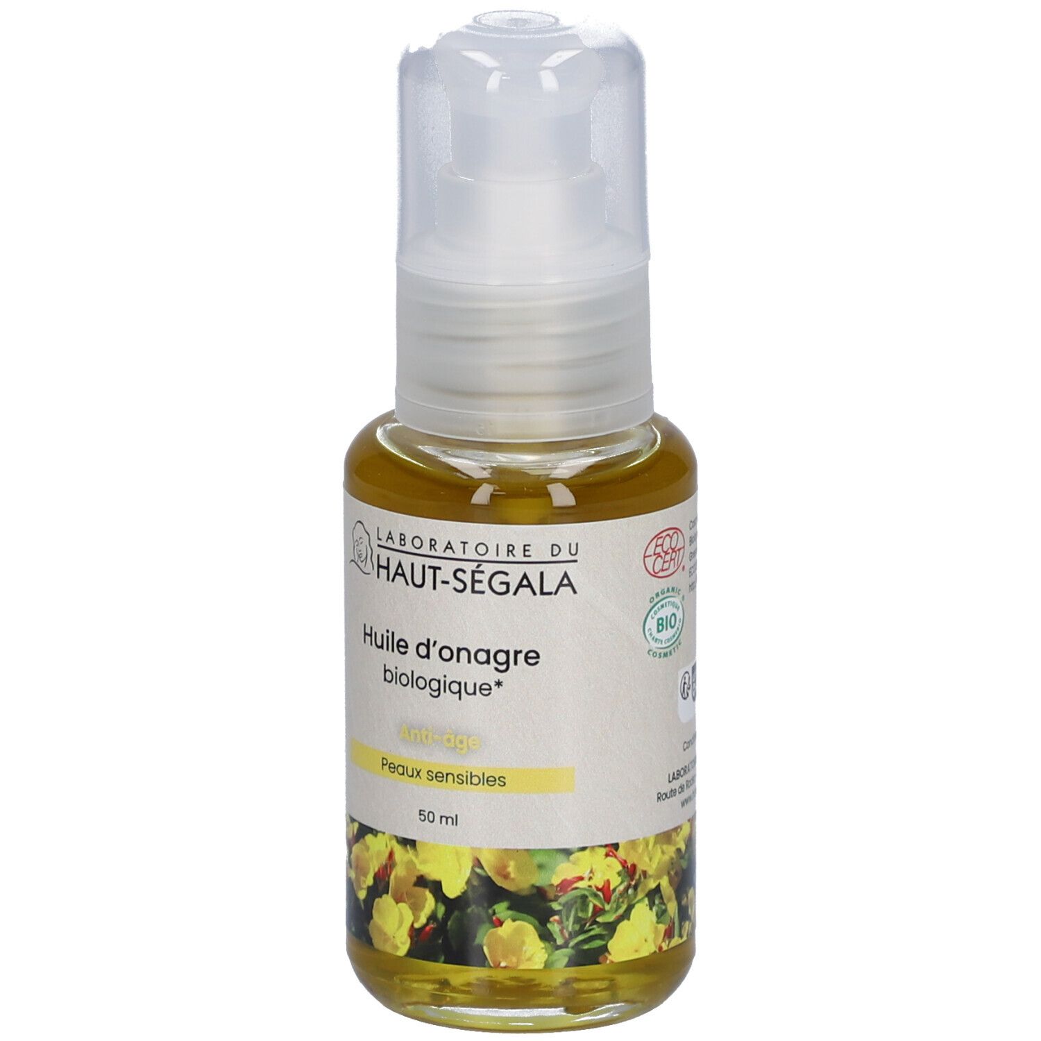 Laboratoire du Haut-Ségala Bio-Nachtkerzenöl. Flasche mit weißem Spender. Gelbes Öl. Aufschrift: Peaux sensibles. 50 ml.