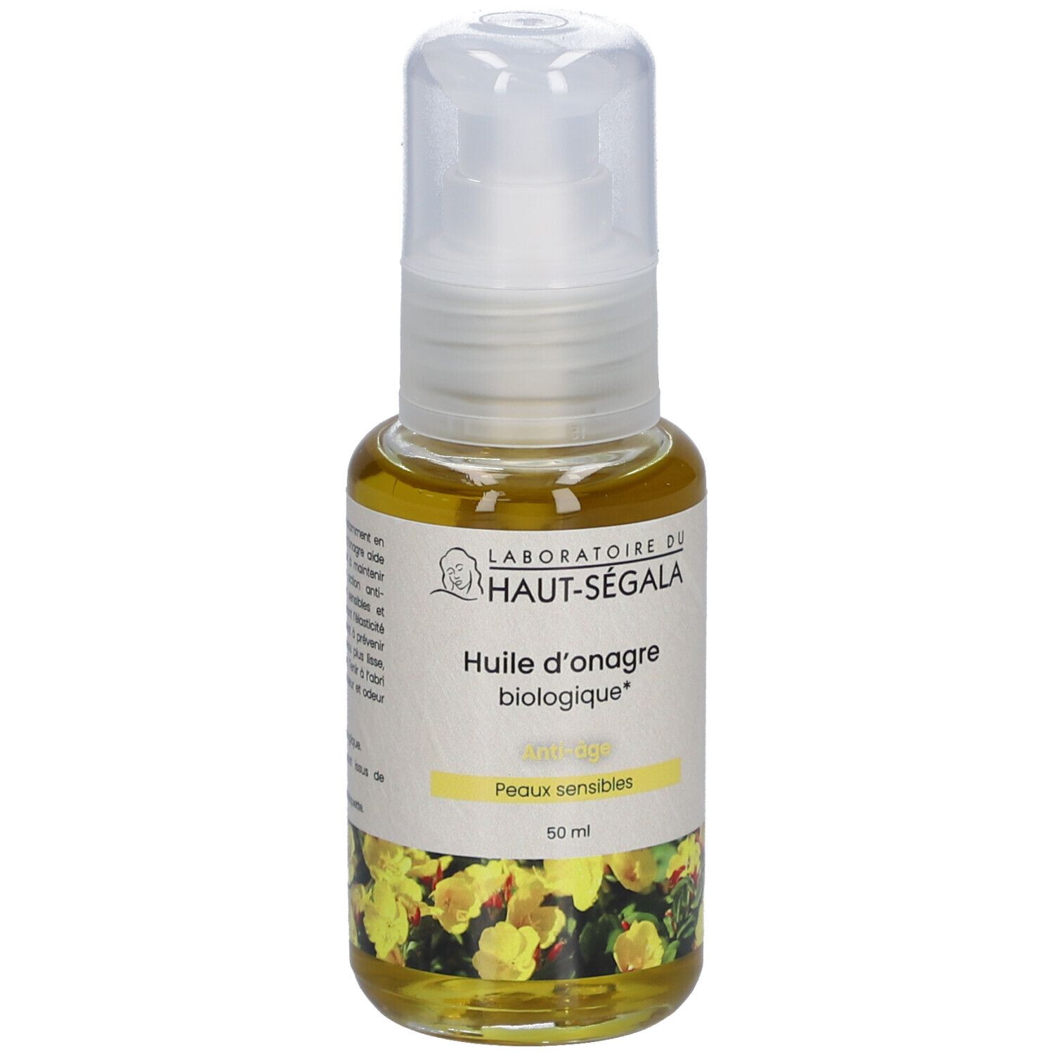 Laboratoire du Haut-Ségala Bio-Nachtkerzenöl. Flasche mit weißem Spender. Gelbes Öl. Aufschrift: Peaux sensibles. 50 ml.