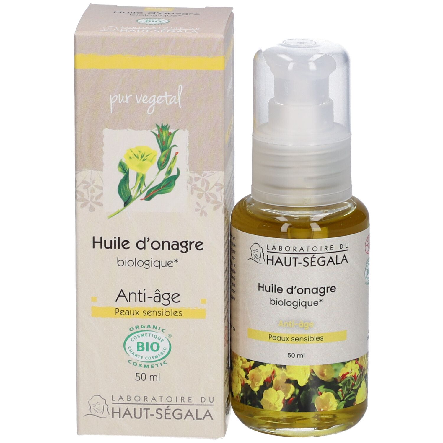 Laboratoire du Haut-Ségala Bio-Nachtkerzenöl. Flasche und Schachtel. Gelbes Öl, weißer Spender. Aufschrift: Anti-âge, Peaux sensibles.