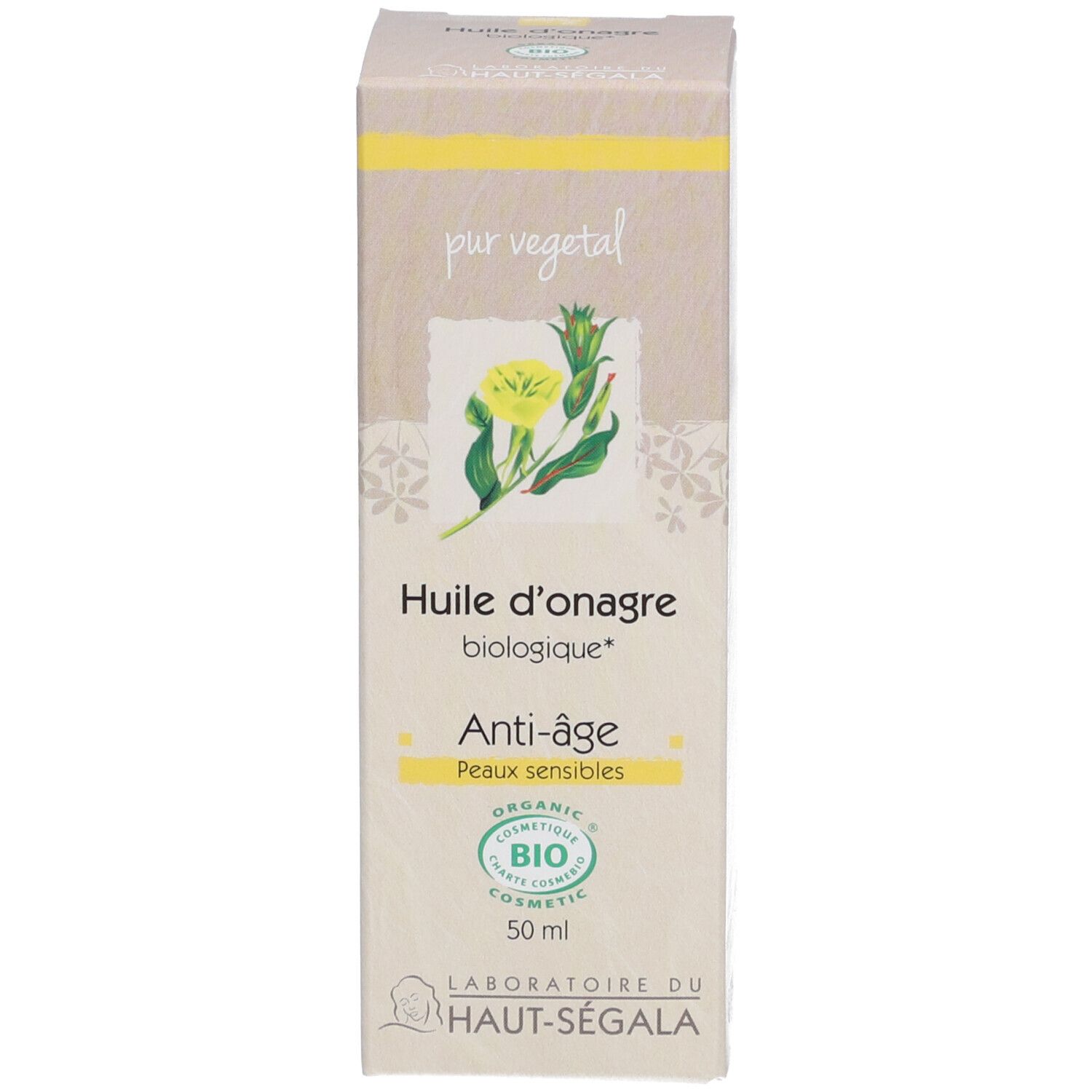 Laboratoire du Haut-Ségala Bio-Nachtkerzenöl. Schachtel. Aufschrift: Anti-âge, Peaux sensibles. Zertifizierung.