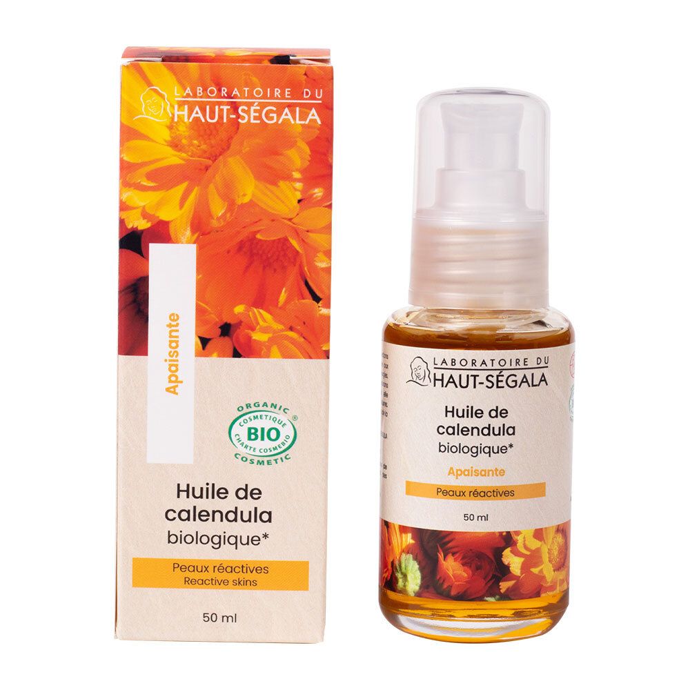 Fläschchen und Schachtel mit Produkt. Aufschrift: Laboratoire du Haut-Ségala, Huile de calendula biologique. Bio-Zertifizierung.