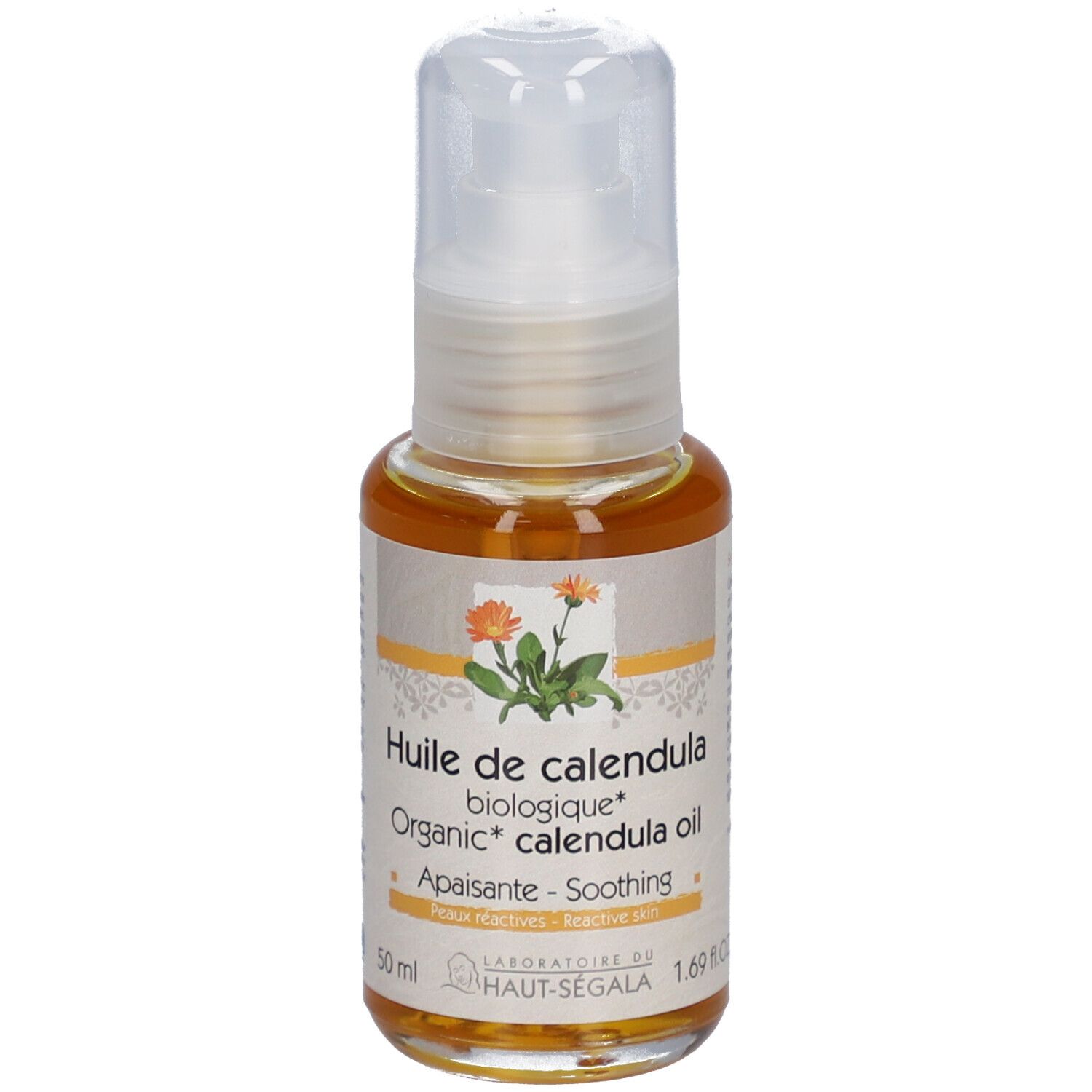 Produktflasche mit Pumpe. Aufschrift: Huile de calendula biologique, Organic calendula oil. Bio-Zertifizierung.