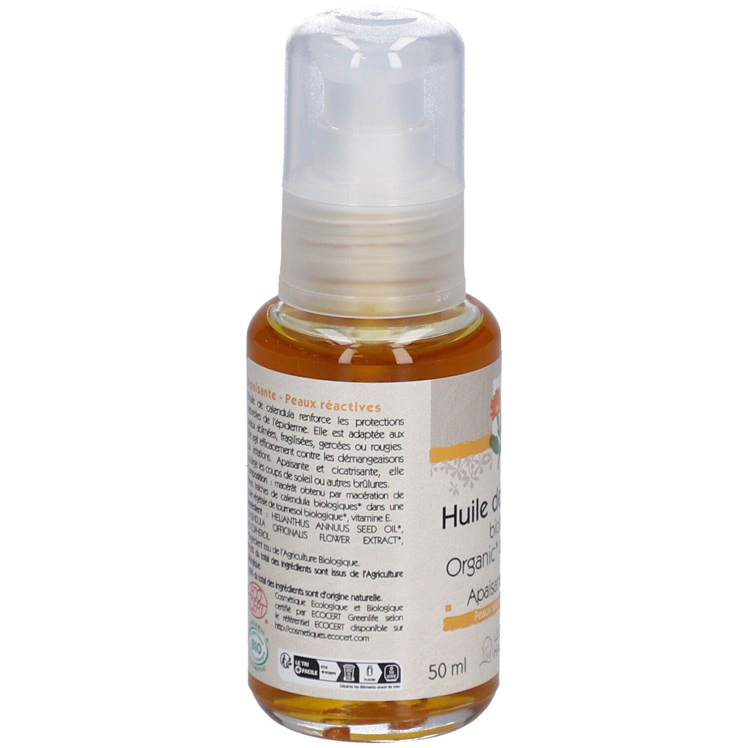 Rückseite der Produktflasche. Aufschrift: Huile de calendula biologique, Organic calendula oil. Bio-Zertifizierung.