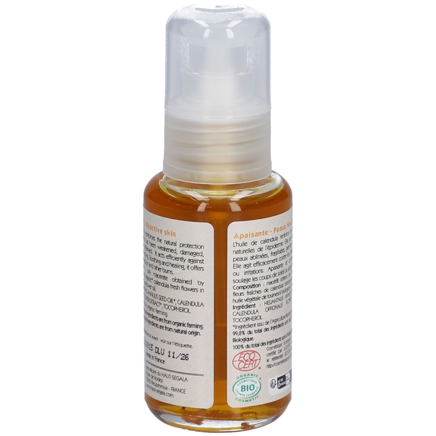 Rückseite der Produktflasche. Aufschrift: Huile de calendula biologique, Organic calendula oil. Bio-Zertifizierung.