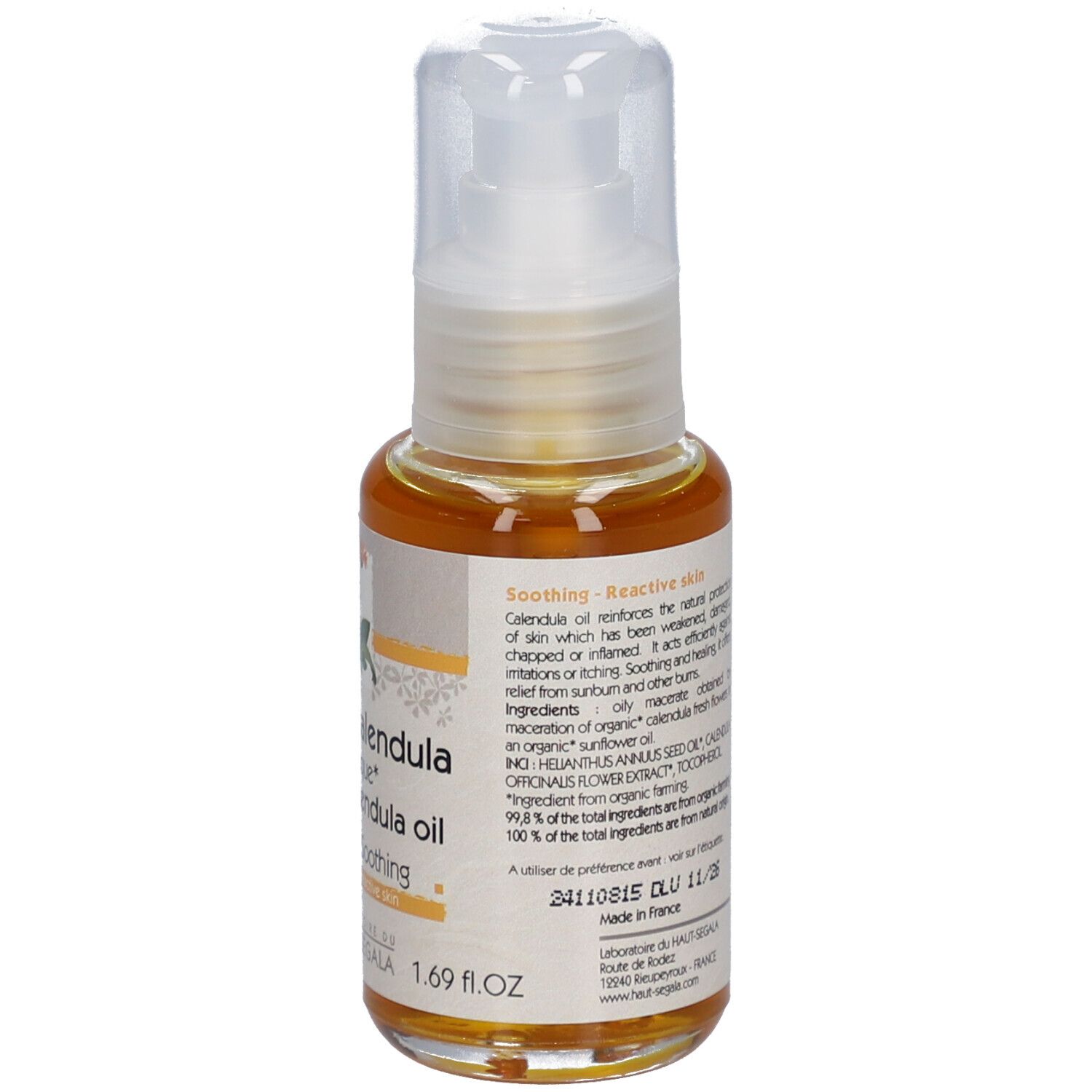 Rückseite der Produktflasche. Aufschrift: Huile de calendula biologique, Organic calendula oil. Bio-Zertifizierung.