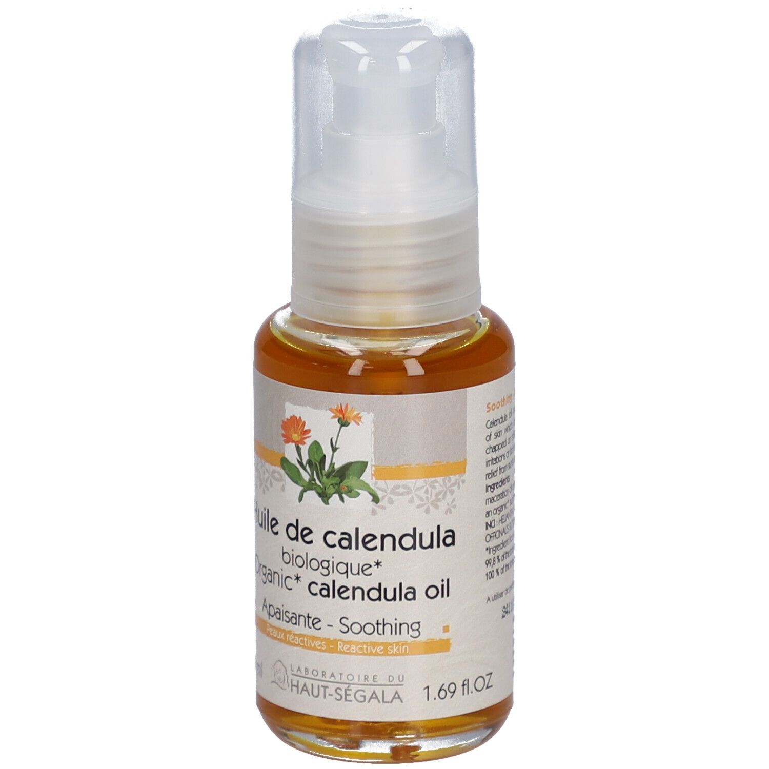 Produktflasche mit Pumpe. Aufschrift: Huile de calendula biologique, Organic calendula oil. Bio-Zertifizierung.