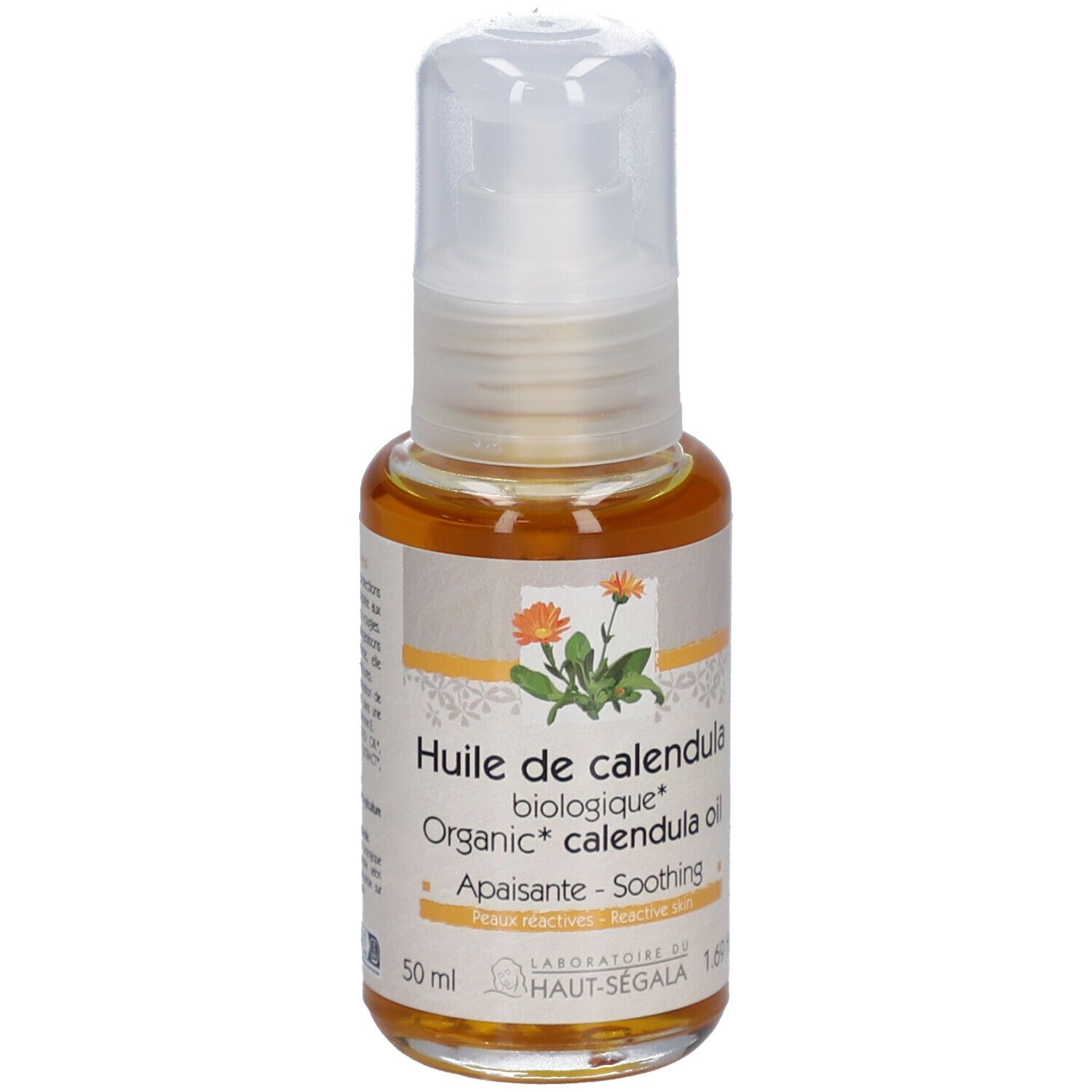 Produktflasche mit Pumpe. Aufschrift: Huile de calendula biologique, Organic calendula oil. Bio-Zertifizierung.
