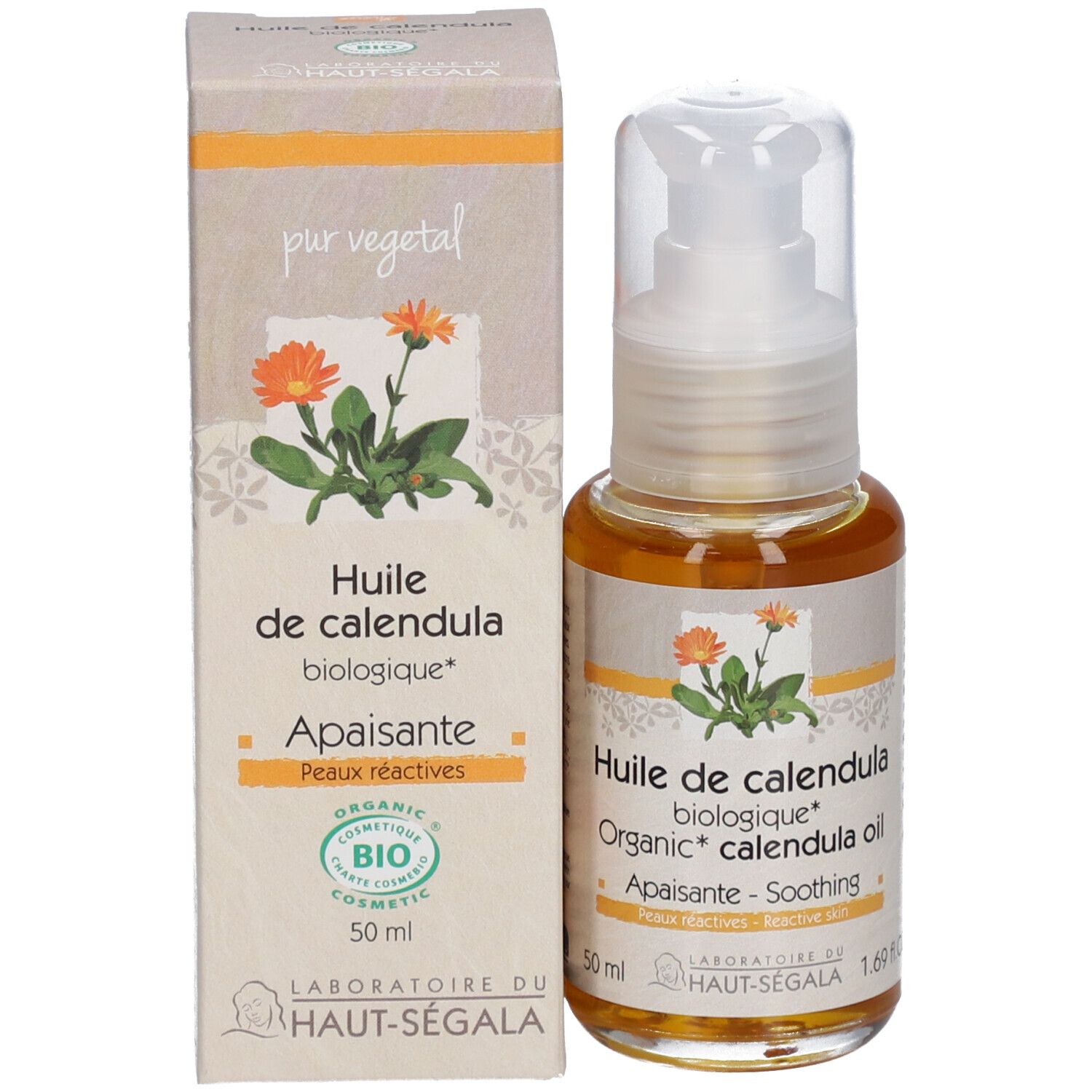 Produktflasche und Schachtel. Aufschrift: Huile de calendula biologique. Bio-Zertifizierung. Laboratoire du Haut-Ségala.
