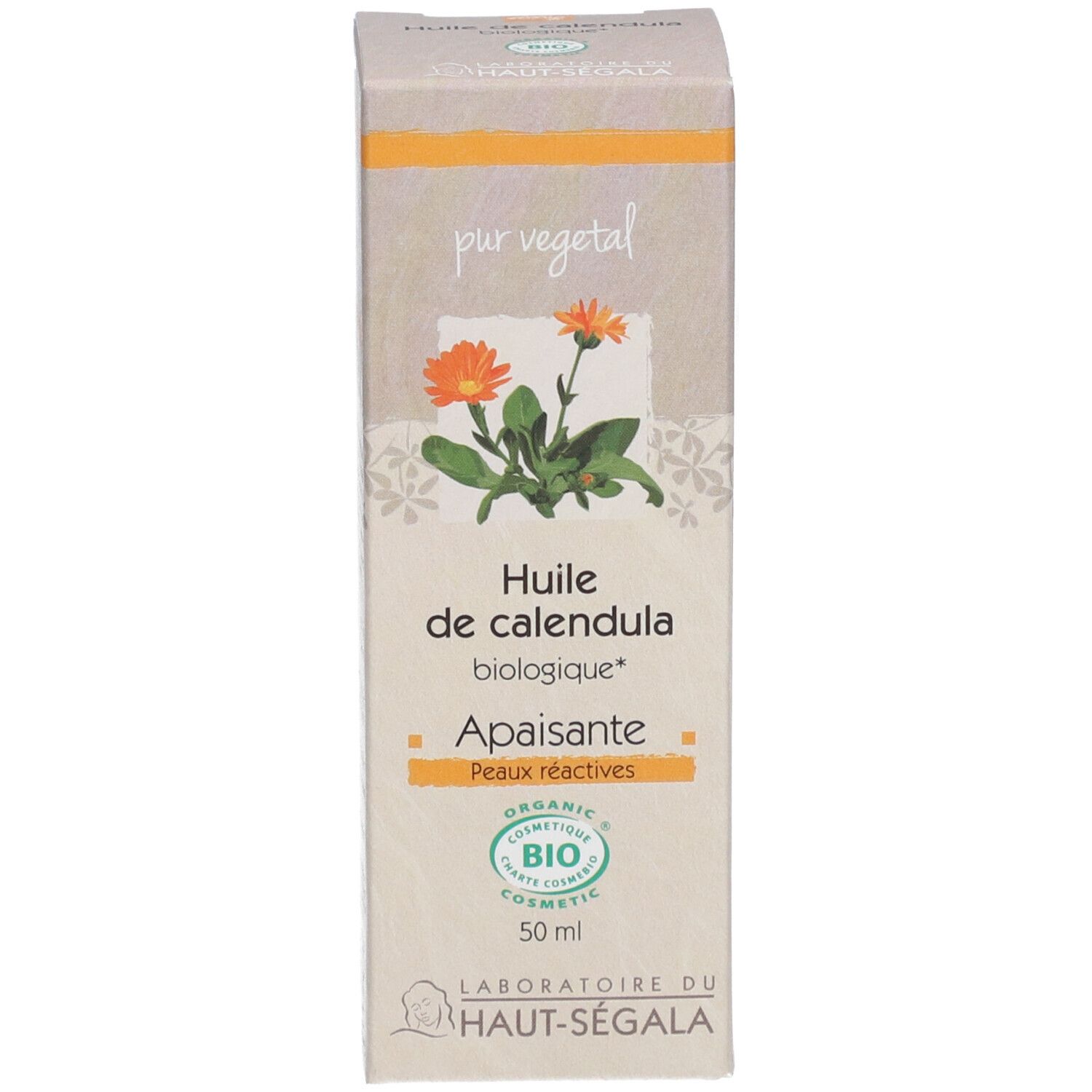 Schachtel mit Produkt. Aufschrift: Huile de calendula biologique. Bio-Zertifizierung. Laboratoire du Haut-Ségala.