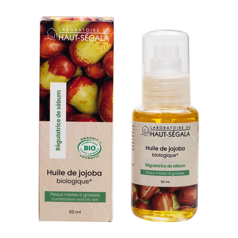 Flacon d'huile de jojoba et boîte. Inscription: Laboratoire du Haut-Ségala, Bio-Jojobaöl. Certification: Organic Cosmetic.