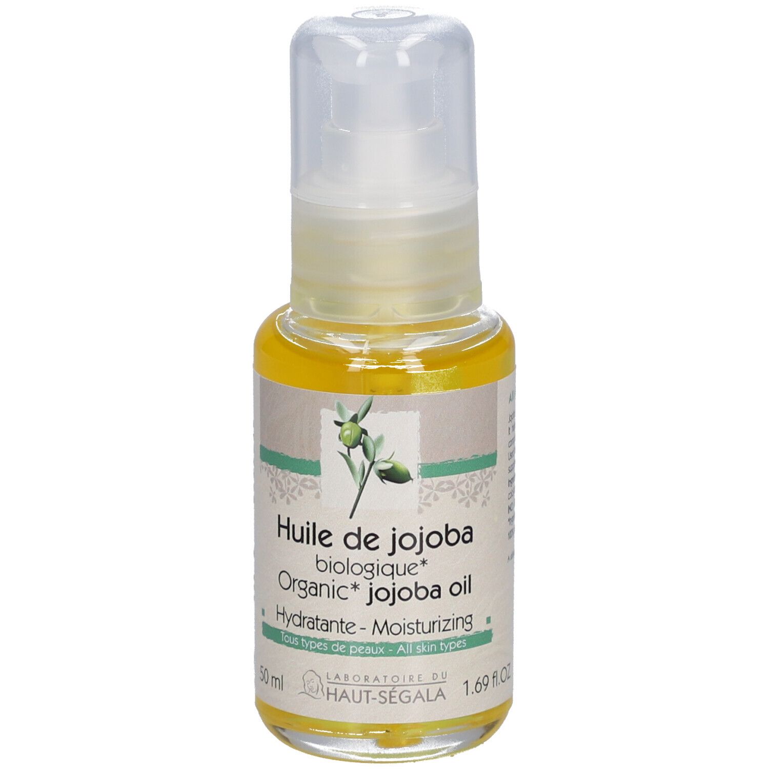 Flacon d'huile de jojoba avec pompe. Inscription: Huile de jojoba biologique, Organic Jojoba oil. Hydratante-Moisturizing.