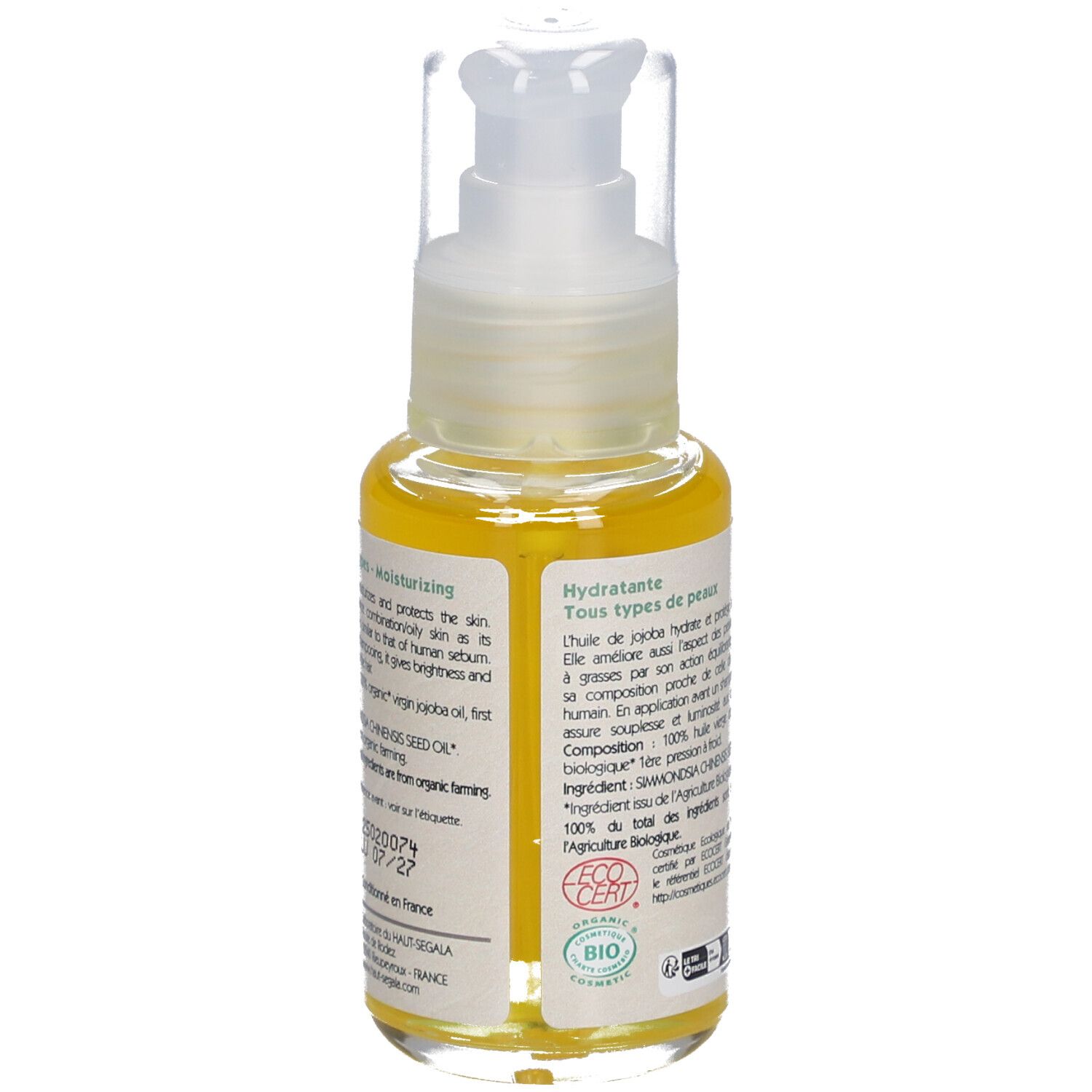 Flacon d'huile de jojoba avec pompe. Inscription: Huile de jojoba biologique, Organic Jojoba oil. Hydratante-Moisturizing. 50 ml.