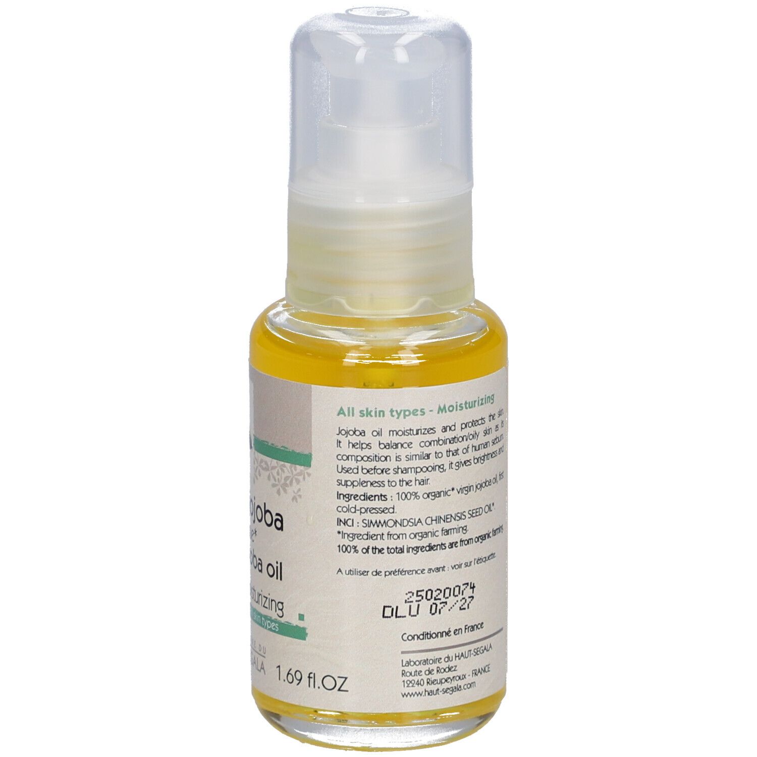 Flacon d'huile de jojoba avec pompe. Inscription: Huile de jojoba biologique, Organic Jojoba oil. Hydratante-Moisturizing. 1.69 fl.oz.