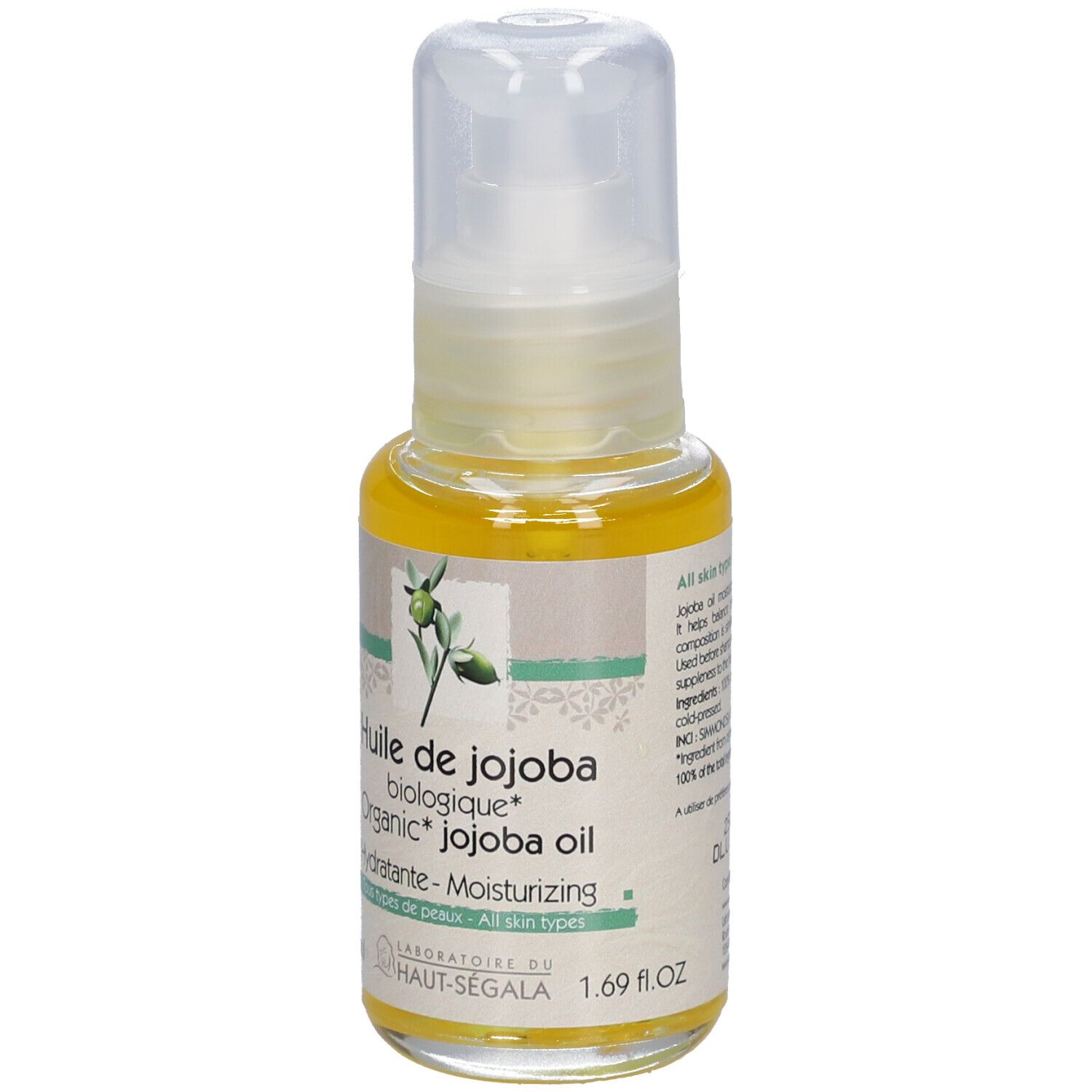 Flacon d'huile de jojoba avec pompe. Inscription: Huile de jojoba biologique, Organic Jojoba oil. Hydratante-Moisturizing. 1.69 fl.oz.
