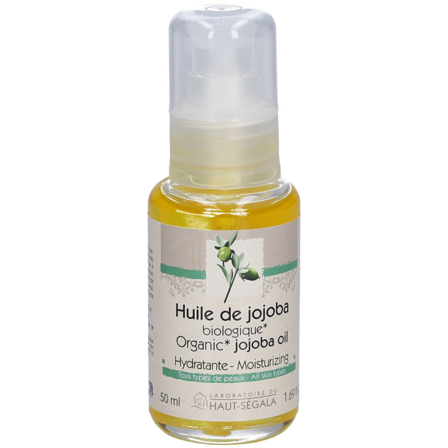 Flacon d'huile de jojoba avec pompe. Inscription: Huile de jojoba biologique, Organic Jojoba oil. Hydratante-Moisturizing. 1.69 fl.oz.