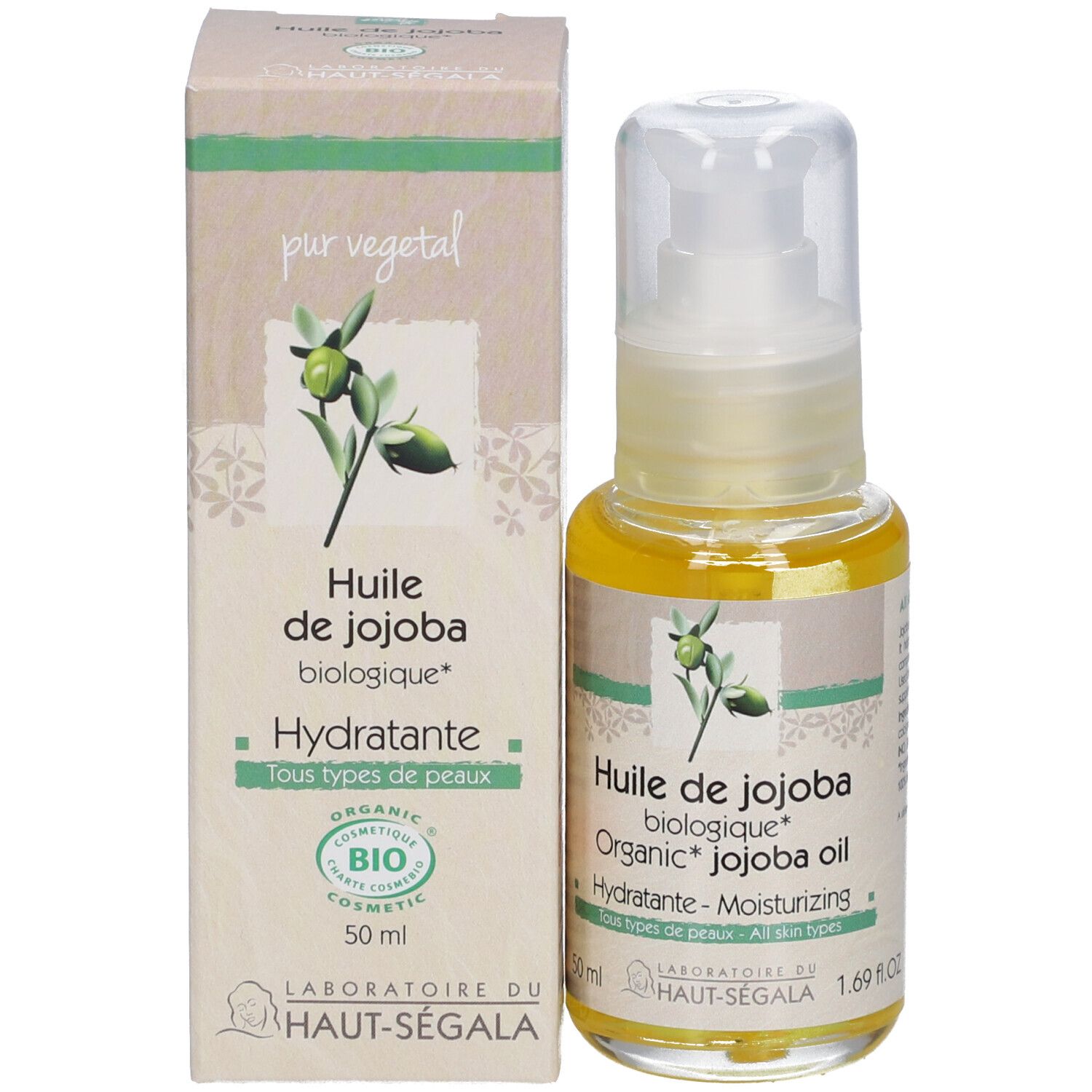 Flacon d'huile de jojoba avec pompe et boîte. Inscription: Huile de jojoba biologique, Organic Jojoba oil. Hydratante-Moisturizing. 1.69 fl.oz.