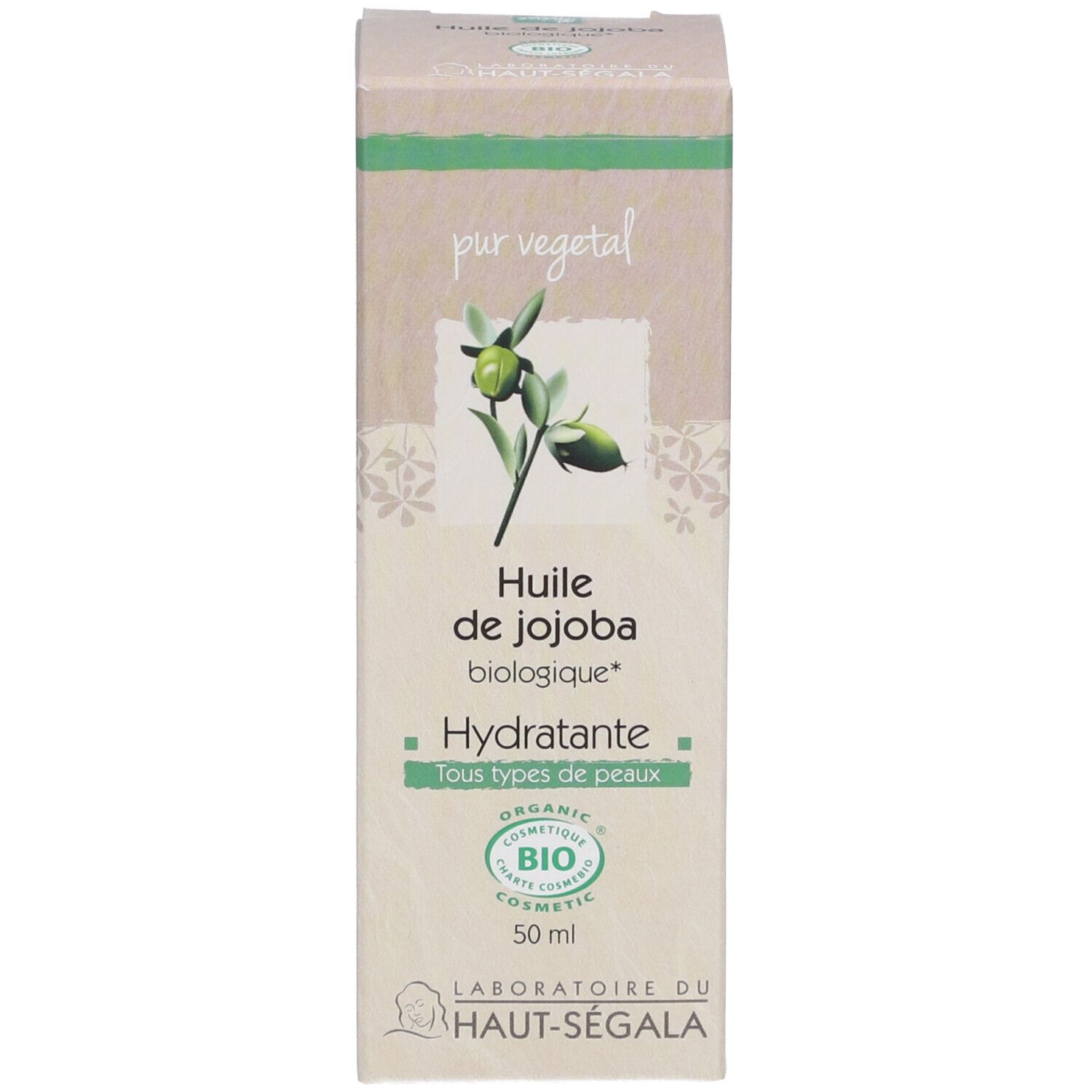 Boîte avec inscription: Huile de jojoba biologique. Hydratante. Tous types de peaux. 50 ml. Certification: Organic Cosmetic.