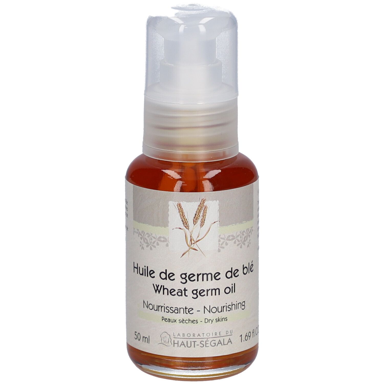 Weizenkeimöl-Flasche mit Pumpverschluss. Aufschrift: Huile de germe de blé, Wheat germ oil, Nourrissante, Peaux sèches. Laboratoire du Haut-Ségala.