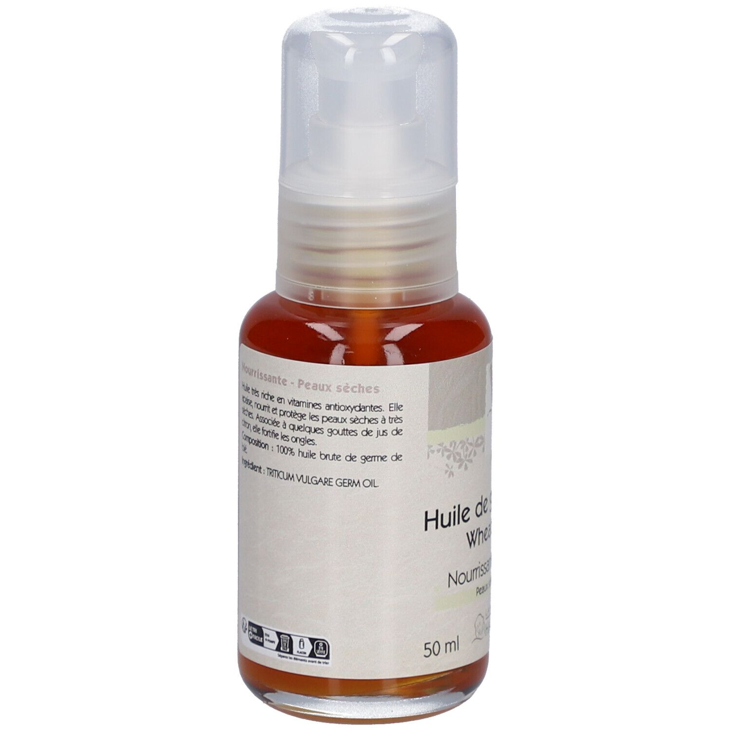 Weizenkeimöl-Flasche mit Pumpverschluss. Aufschrift: Huile de germe de blé, Wheat germ oil, Nourrissante, Peaux sèches. Laboratoire du Haut-Ségala.