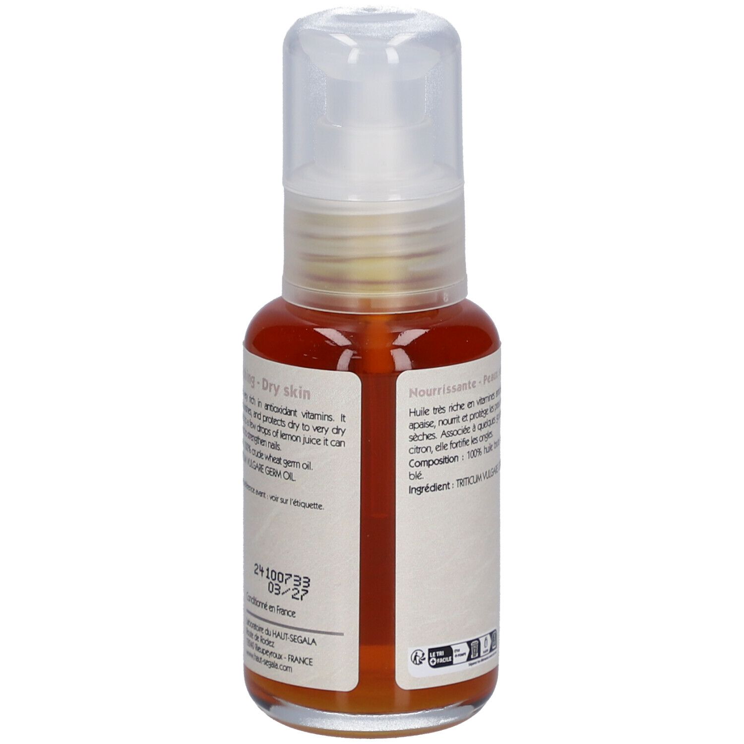 Weizenkeimöl-Flasche mit Pumpverschluss. Aufschrift: Huile de germe de blé, Wheat germ oil, Nourrissante, Peaux sèches. Laboratoire du Haut-Ségala.