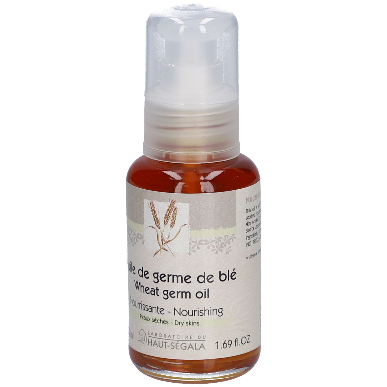 Weizenkeimöl-Flasche mit Pumpverschluss. Aufschrift: Huile de germe de blé, Wheat germ oil, Nourrissante, Peaux sèches. Laboratoire du Haut-Ségala.