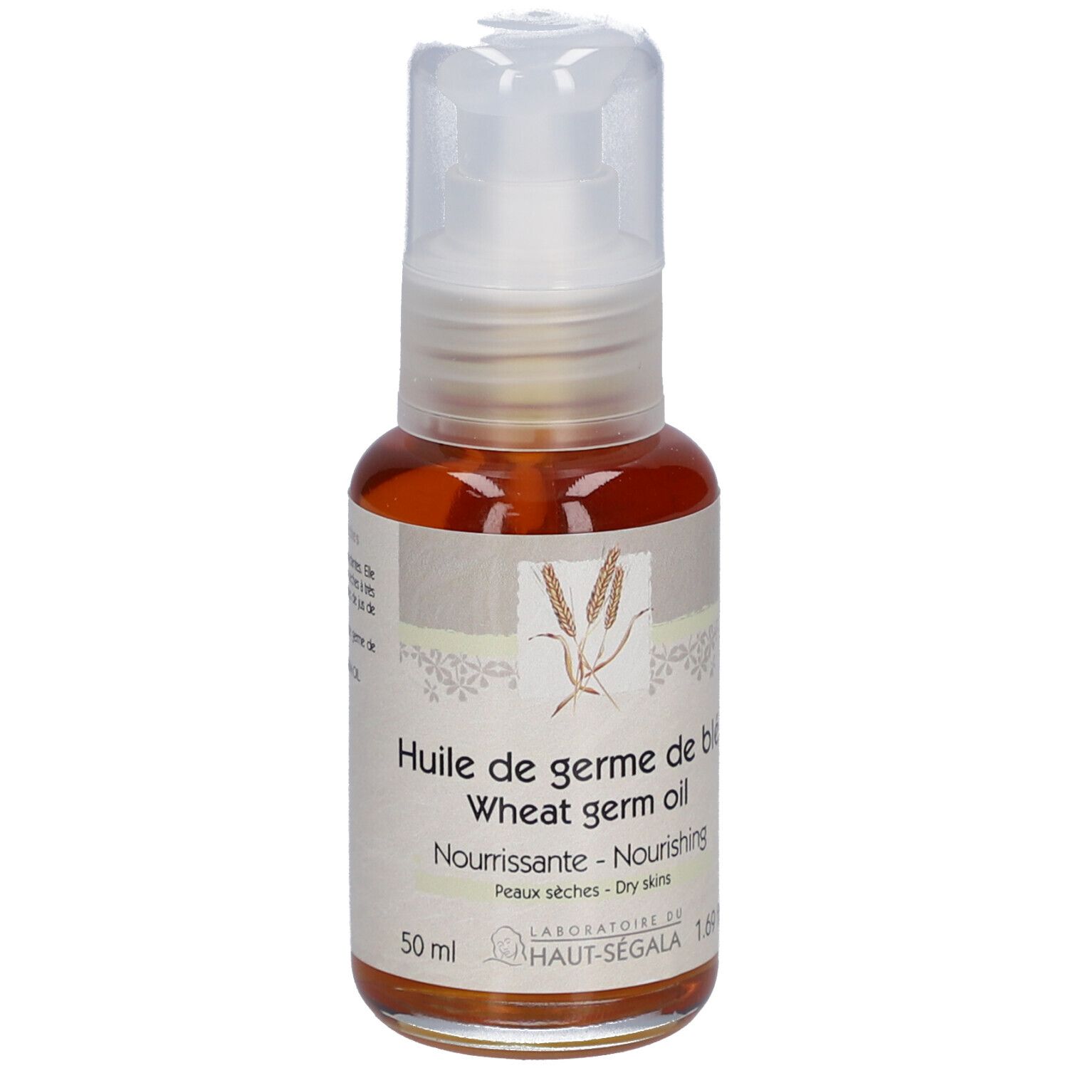 Weizenkeimöl-Flasche mit Pumpverschluss. Aufschrift: Huile de germe de blé, Wheat germ oil, Nourrissante, Peaux sèches. Laboratoire du Haut-Ségala.