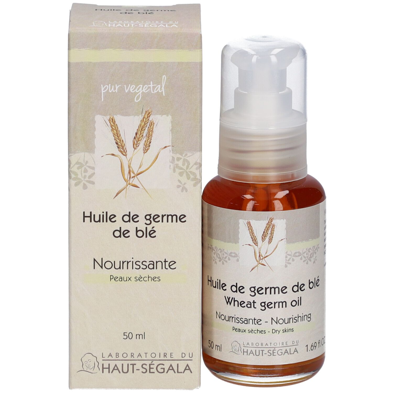 Weizenkeimöl-Flasche und Karton. Aufschrift: Huile de germe de blé, Nourrissante, Peaux sèches. Laboratoire du Haut-Ségala.