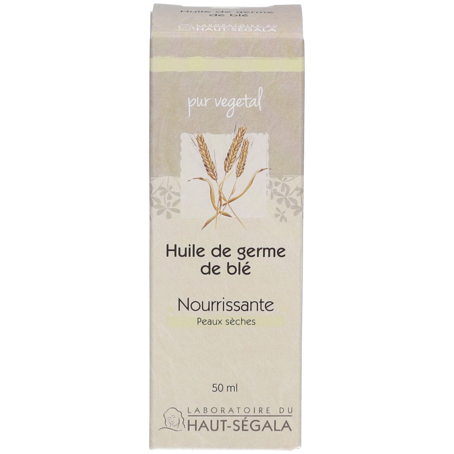 Karton mit Weizenkeimöl. Aufschrift: Huile de germe de blé, Nourrissante, Peaux sèches. Laboratoire du Haut-Ségala.
