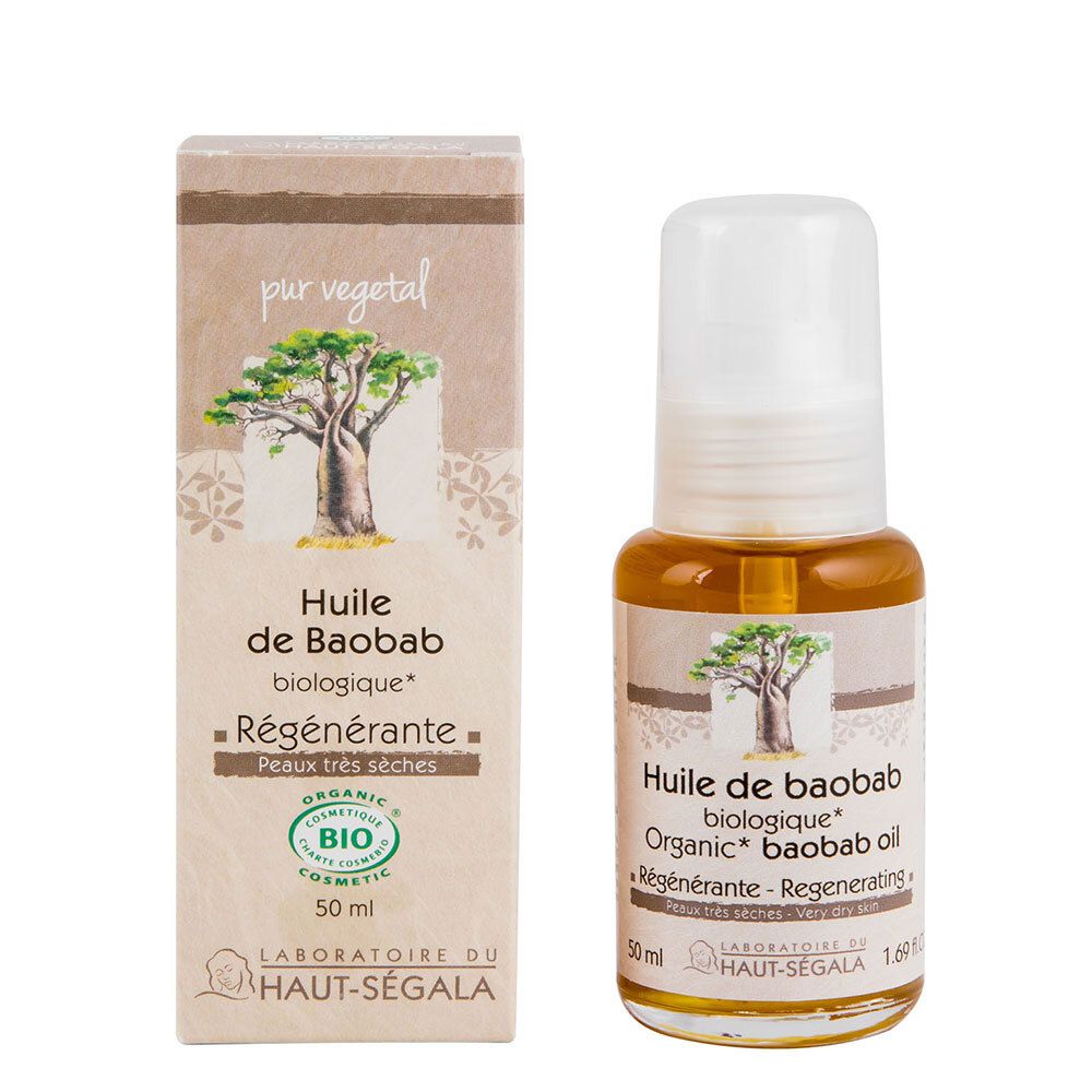 Flüssigkeit in einer Glasflasche mit Pumpe und Karton. Aufschrift: Huile de Baobab biologique, Régénérante, Peaux très sèches. BIO-Zertifizierung.