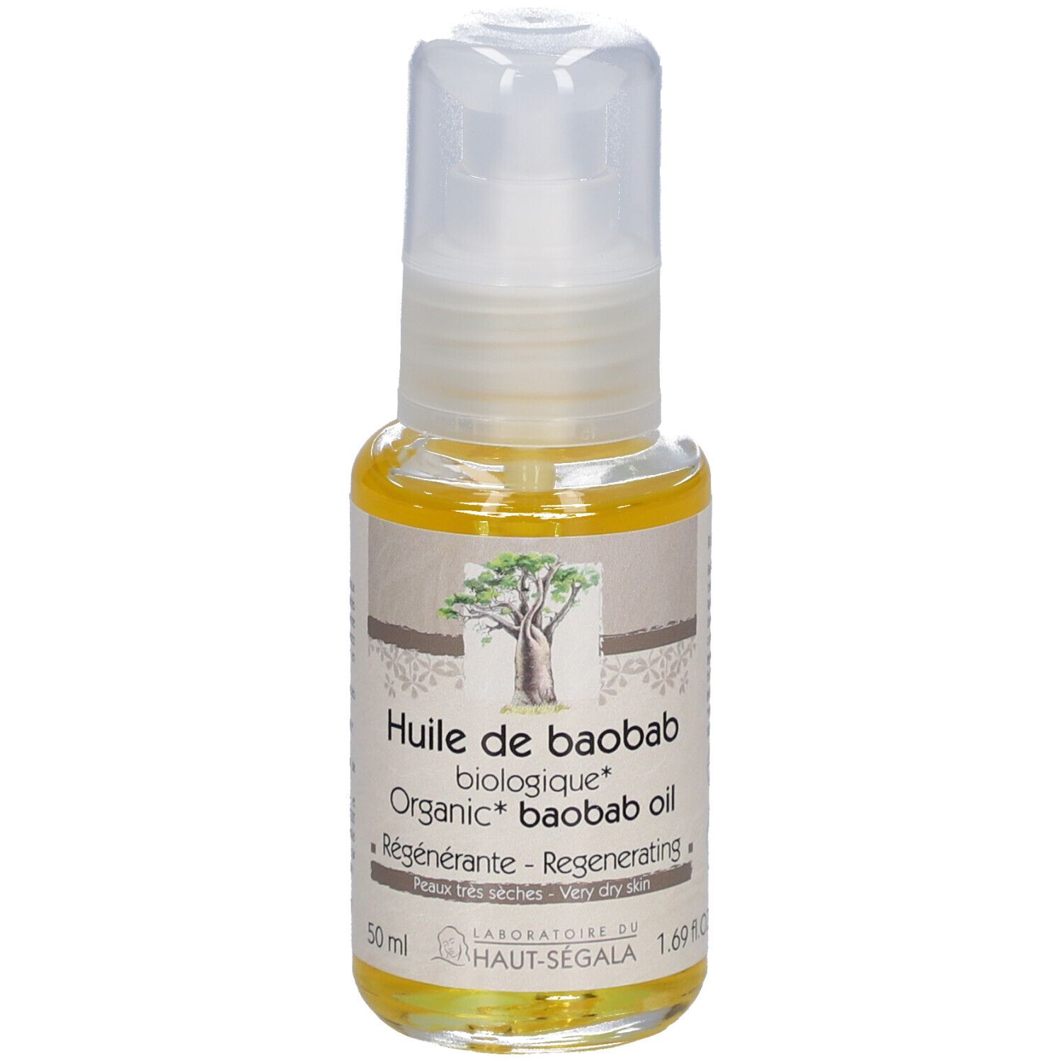 Glasflasche mit Pumpe. Aufschrift: Huile de Baobab biologique, Régénérante, Peaux très sèches. BIO-Zertifizierung. Flüssigkeit sichtbar.