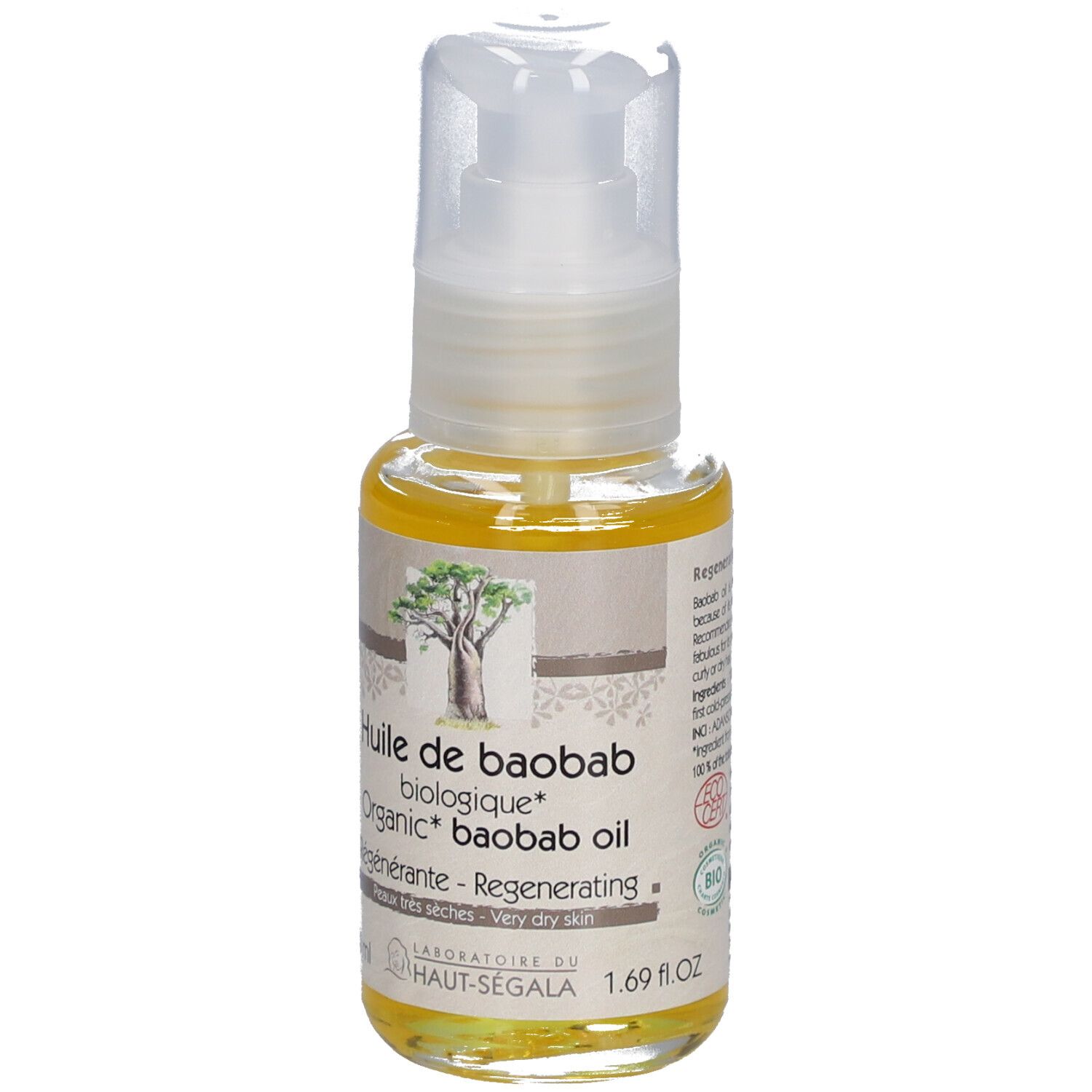 Glasflasche mit Pumpe. Aufschrift: Huile de Baobab biologique, Régénérante, Peaux très sèches. BIO-Zertifizierung. Rückseite mit Text.