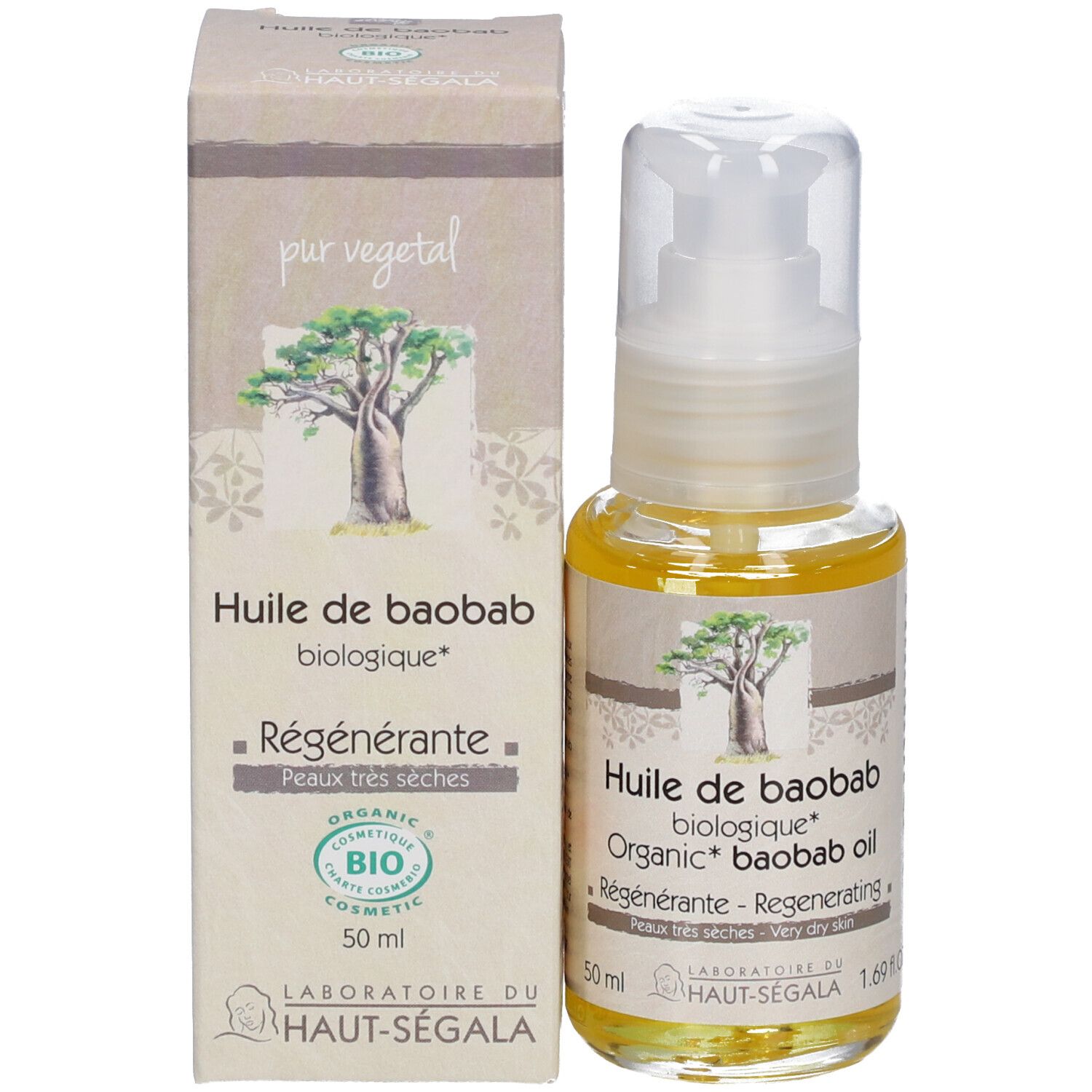 Glasflasche mit Pumpe und Karton. Aufschrift: Huile de Baobab biologique, Régénérante, Peaux très sèches. BIO-Zertifizierung.