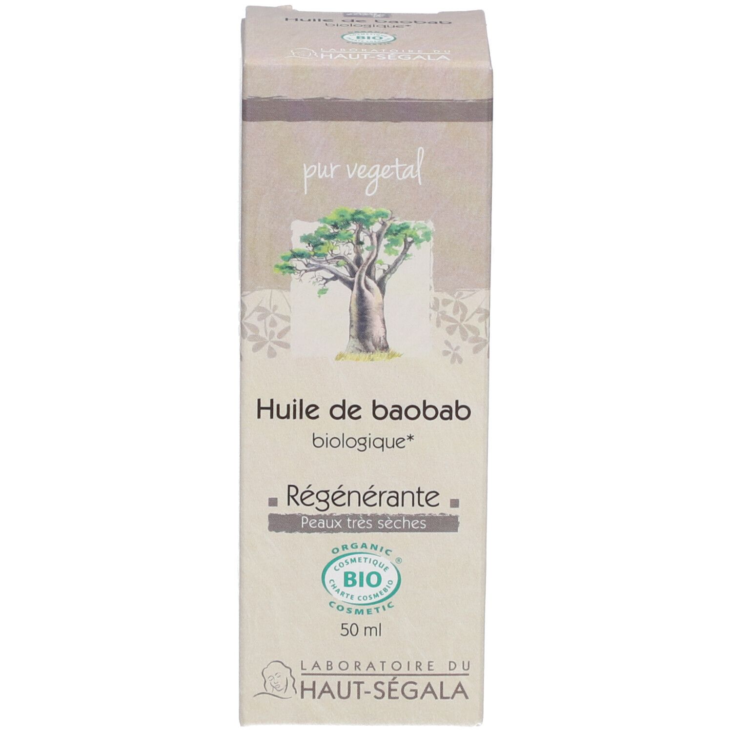Karton mit Aufschrift: Huile de Baobab biologique, Régénérante, Peaux très sèches. BIO-Zertifizierung. Logo.