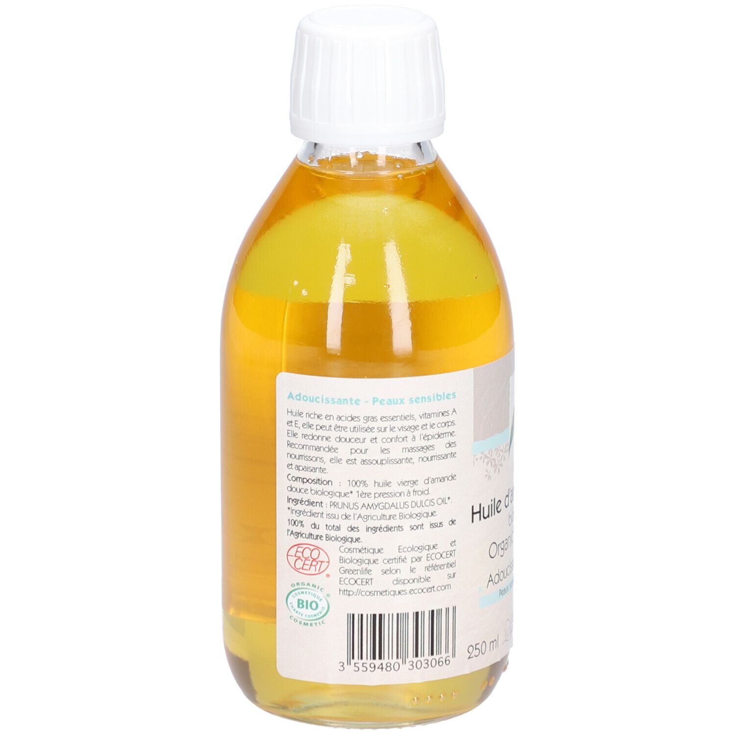 Vue arrière d'une bouteille avec contenu jaune. Étiquette avec texte. Bouchon blanc. Inscription: Huile d'amande douce biologique. Certification bio.