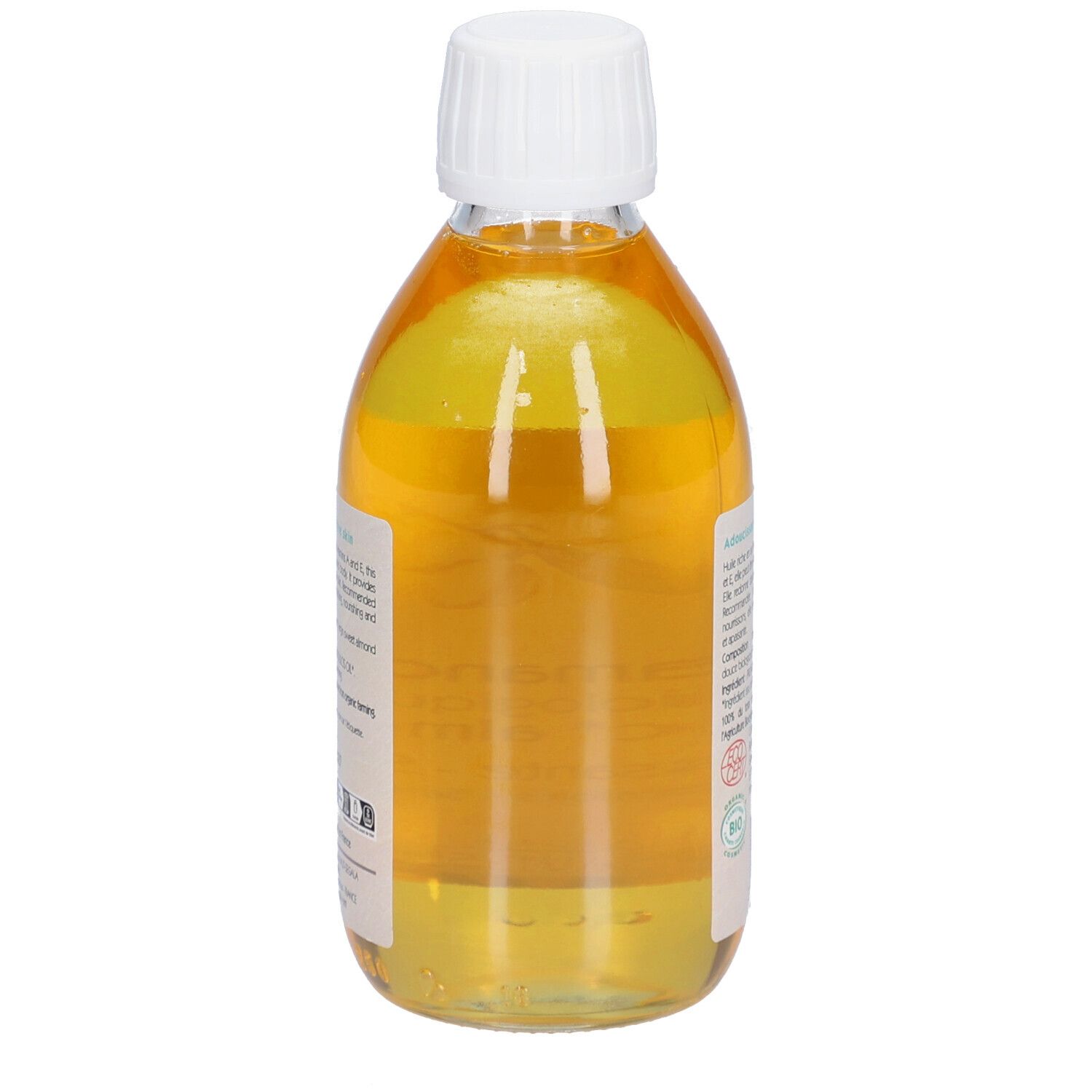 Vue arrière d'une bouteille avec contenu jaune. Étiquette avec texte. Bouchon blanc. Inscription: Huile d'amande douce biologique. Certification bio.