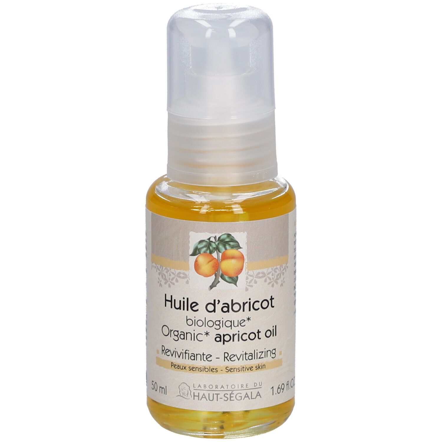 Fläschchen Aprikosenöl mit Spender. Aufschrift: Huile d'abricot biologique, Revivifiante, Peaux sensibles. 50 ml.