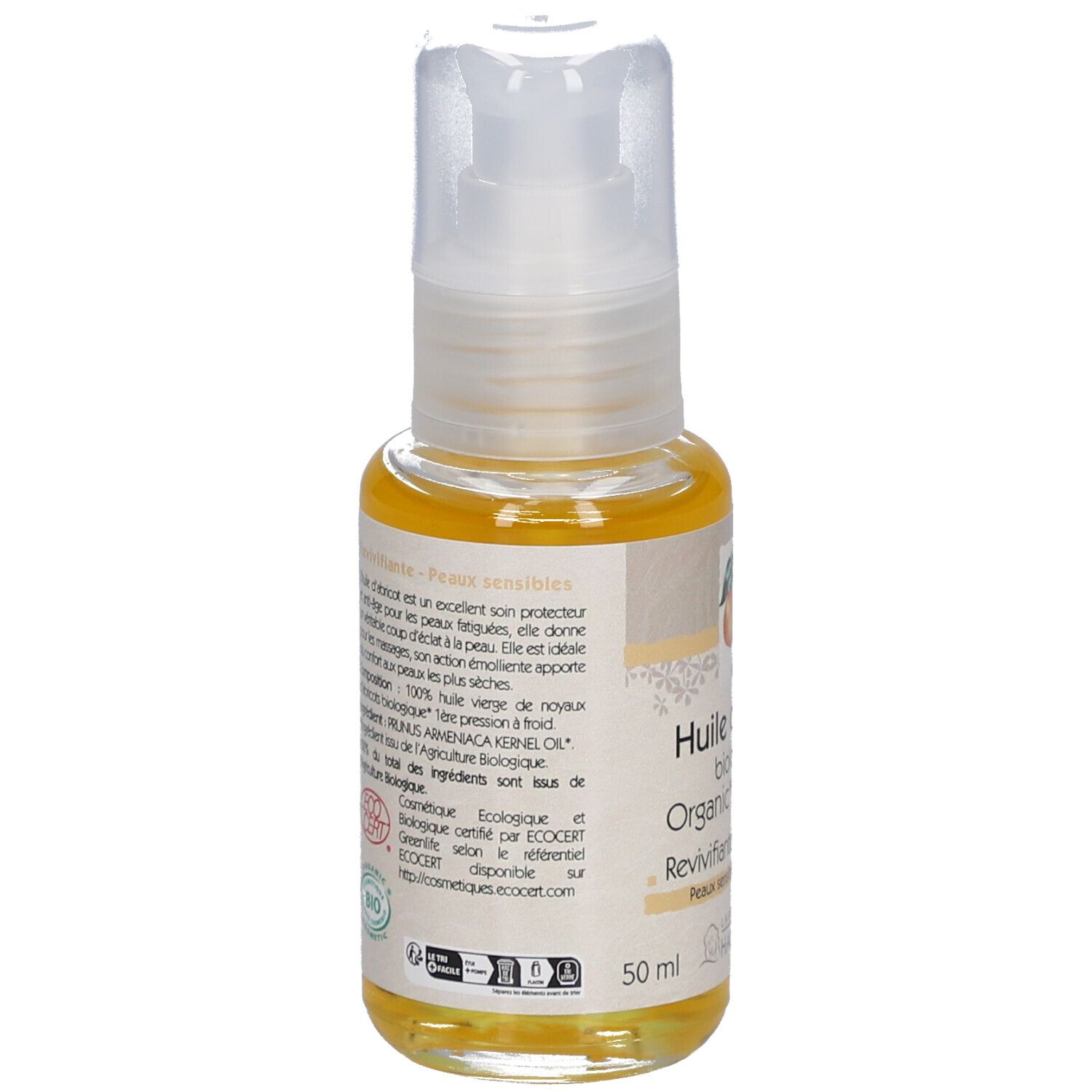 Rückseite des Fläschchens Aprikosenöl. Aufschrift: Huile d'abricot biologique, Revivifiante, Peaux sensibles. 50 ml.