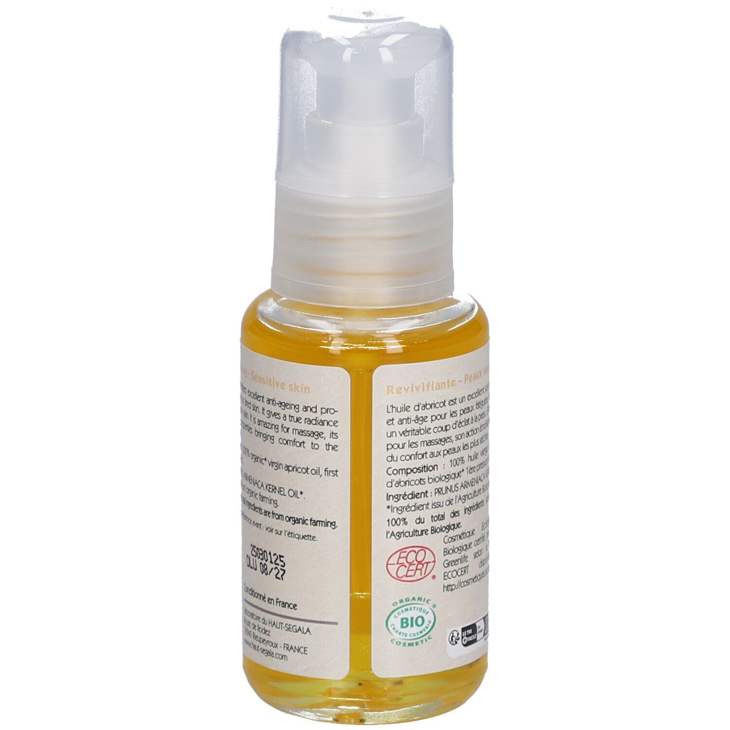 Rückseite des Fläschchens Aprikosenöl. Aufschrift: Huile d'abricot biologique, Revivifiante, Peaux sensibles. 50 ml.