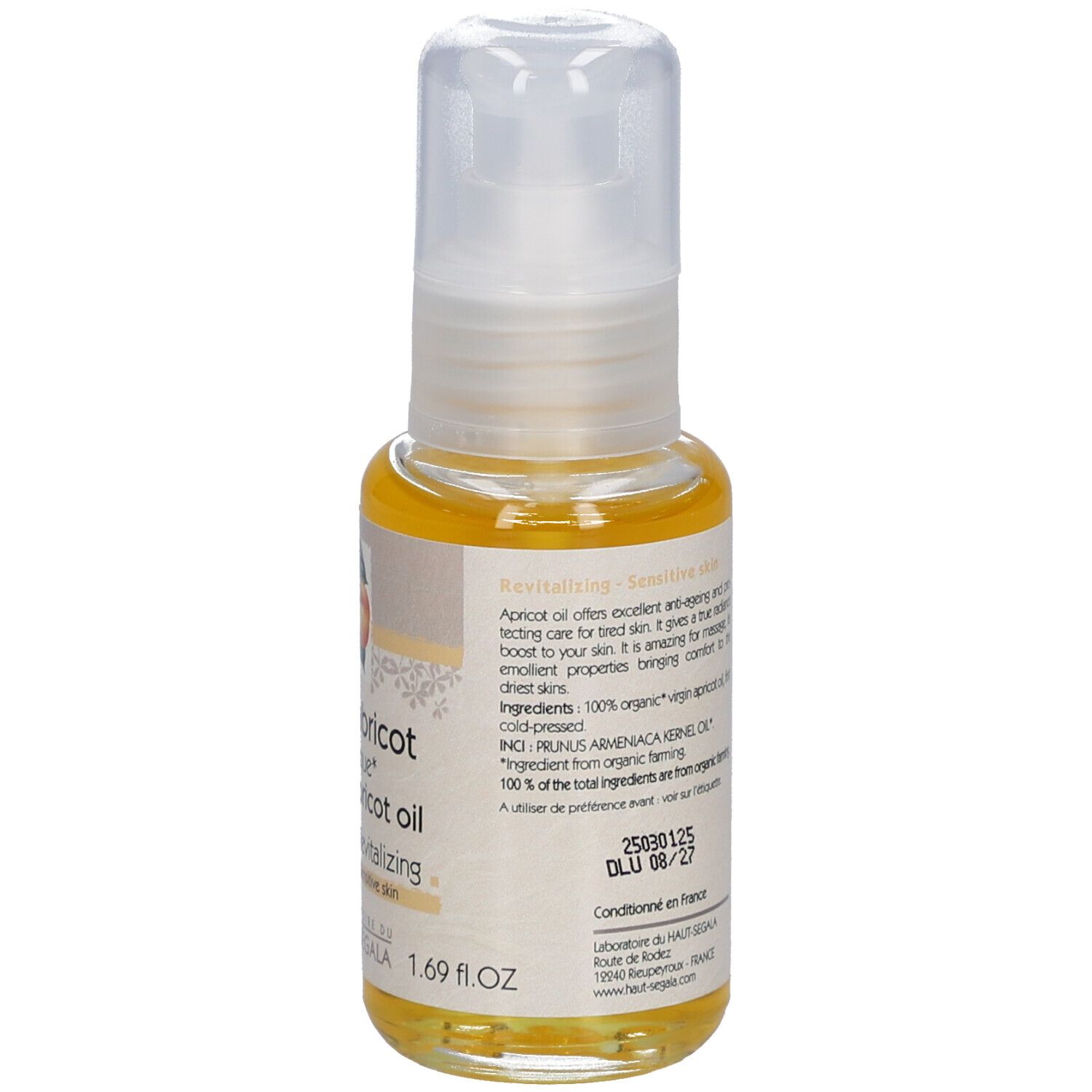 Rückseite des Fläschchens Aprikosenöl. Aufschrift: Huile d'abricot biologique, Revivifiante, Peaux sensibles. 50 ml.