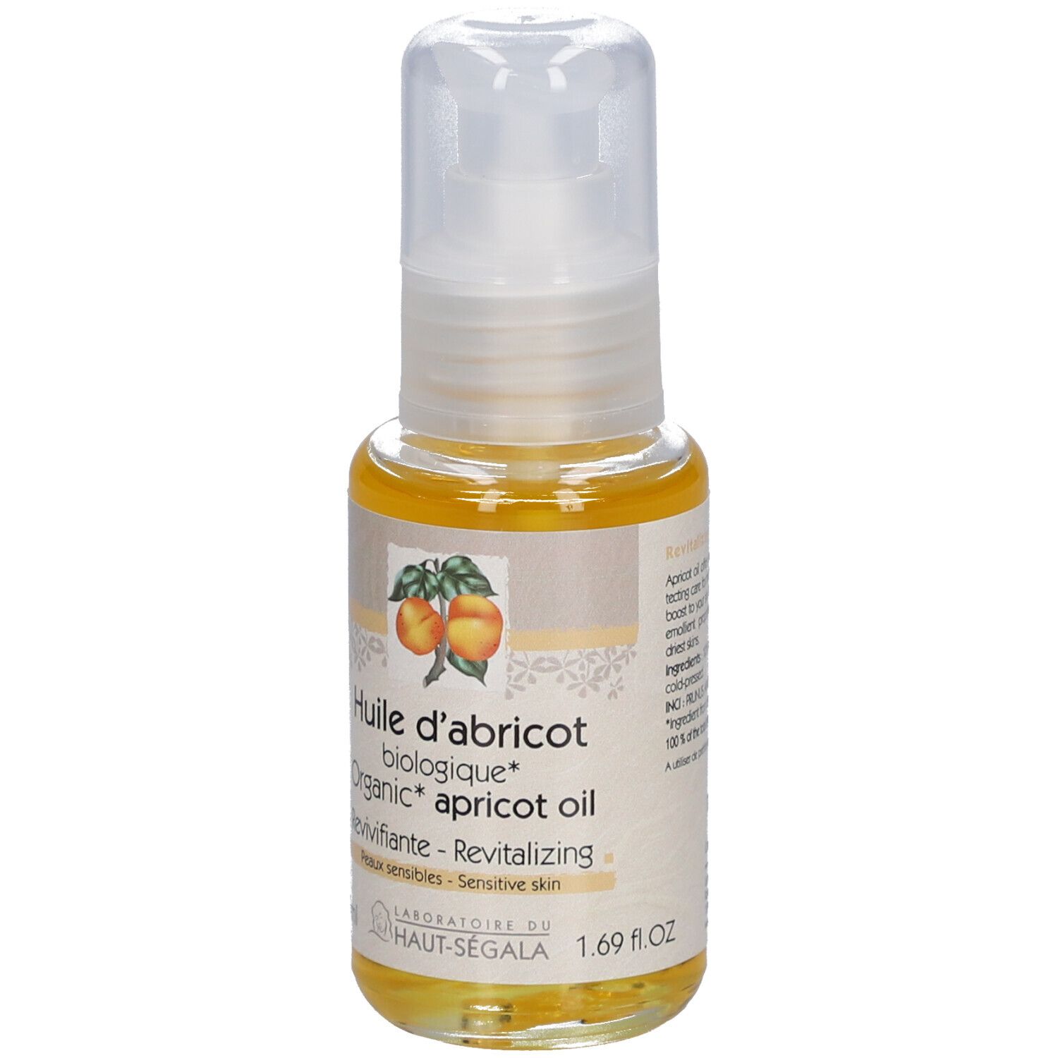 Fläschchen Aprikosenöl mit Spender. Aufschrift: Huile d'abricot biologique, Revivifiante, Peaux sensibles. 50 ml.
