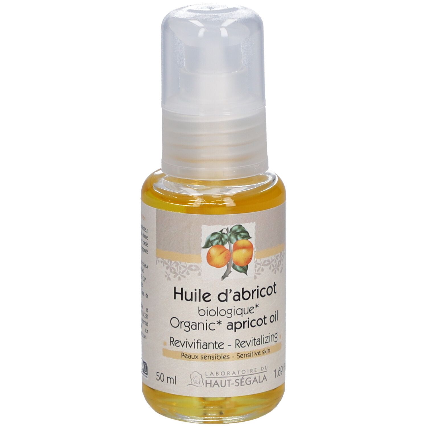 Fläschchen Aprikosenöl mit Spender. Aufschrift: Huile d'abricot biologique, Revivifiante, Peaux sensibles. 50 ml.