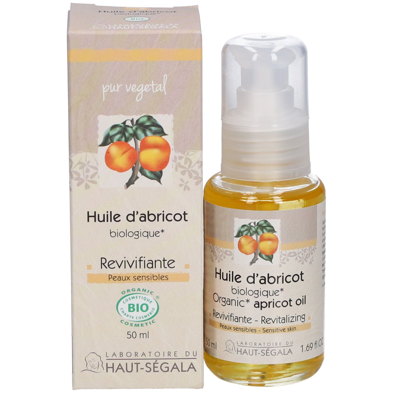 Fläschchen Aprikosenöl mit Spender und Karton. Aufschrift: Huile d'abricot biologique, Revivifiante, Peaux sensibles. 50 ml.